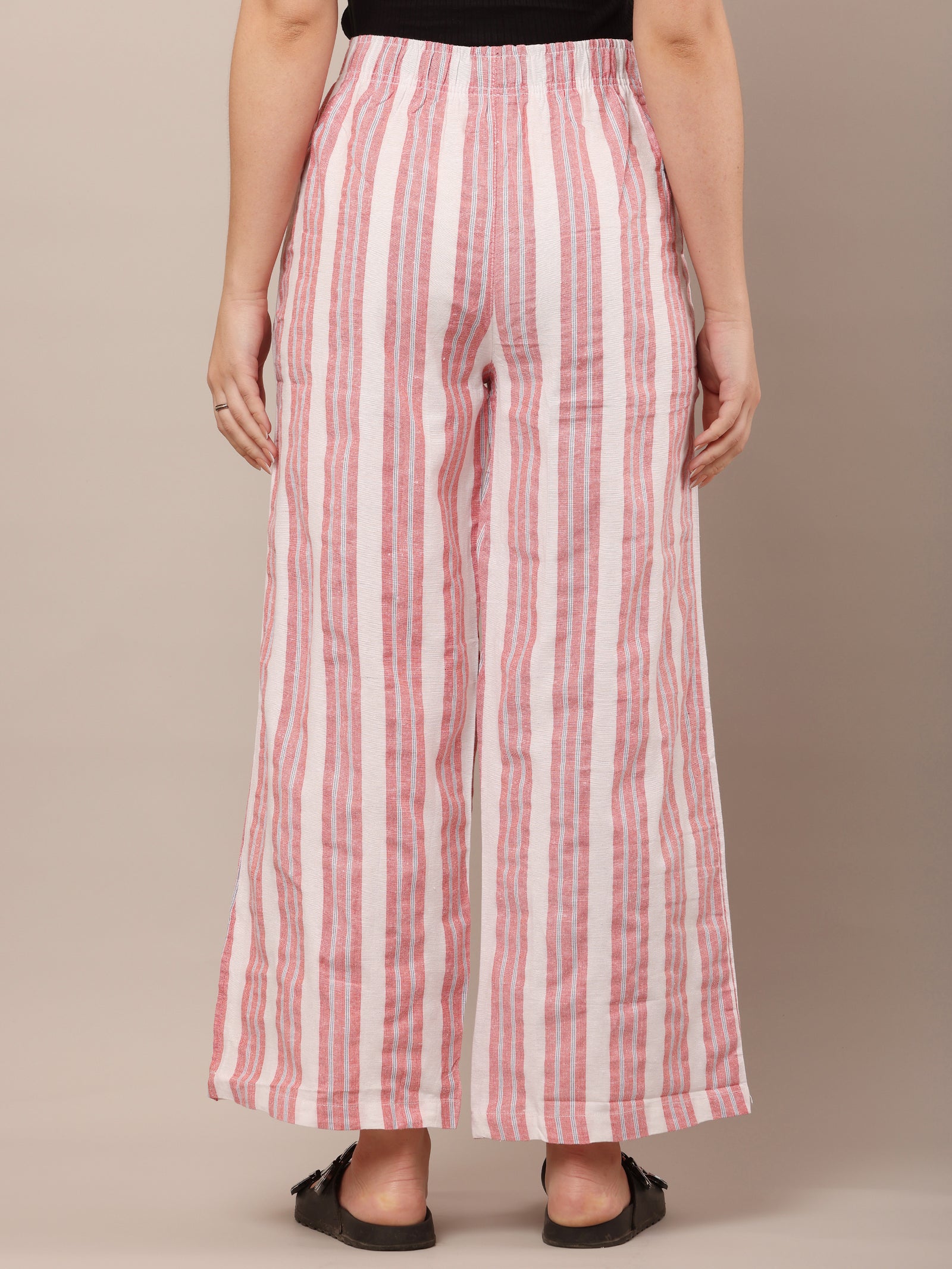 Women Cotton Red & White Striped Pants