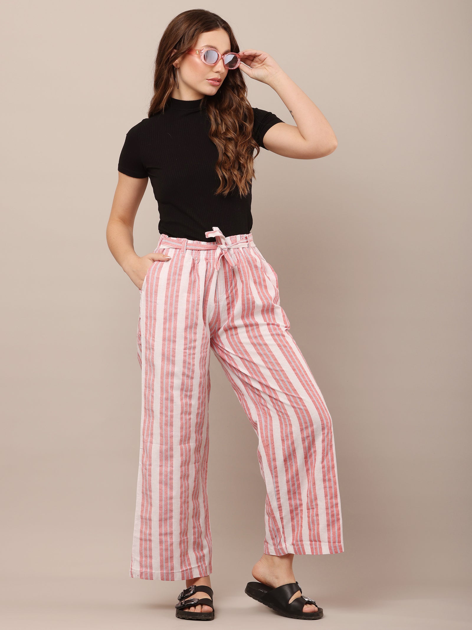 Women Cotton Red & White Striped Pants