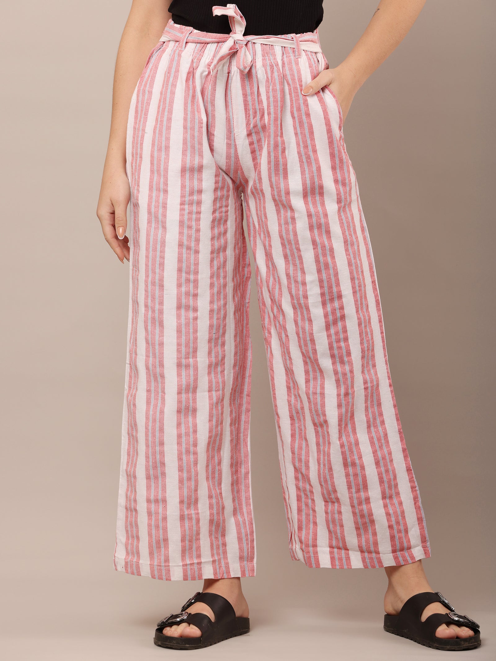 Women Cotton Red & White Striped Pants