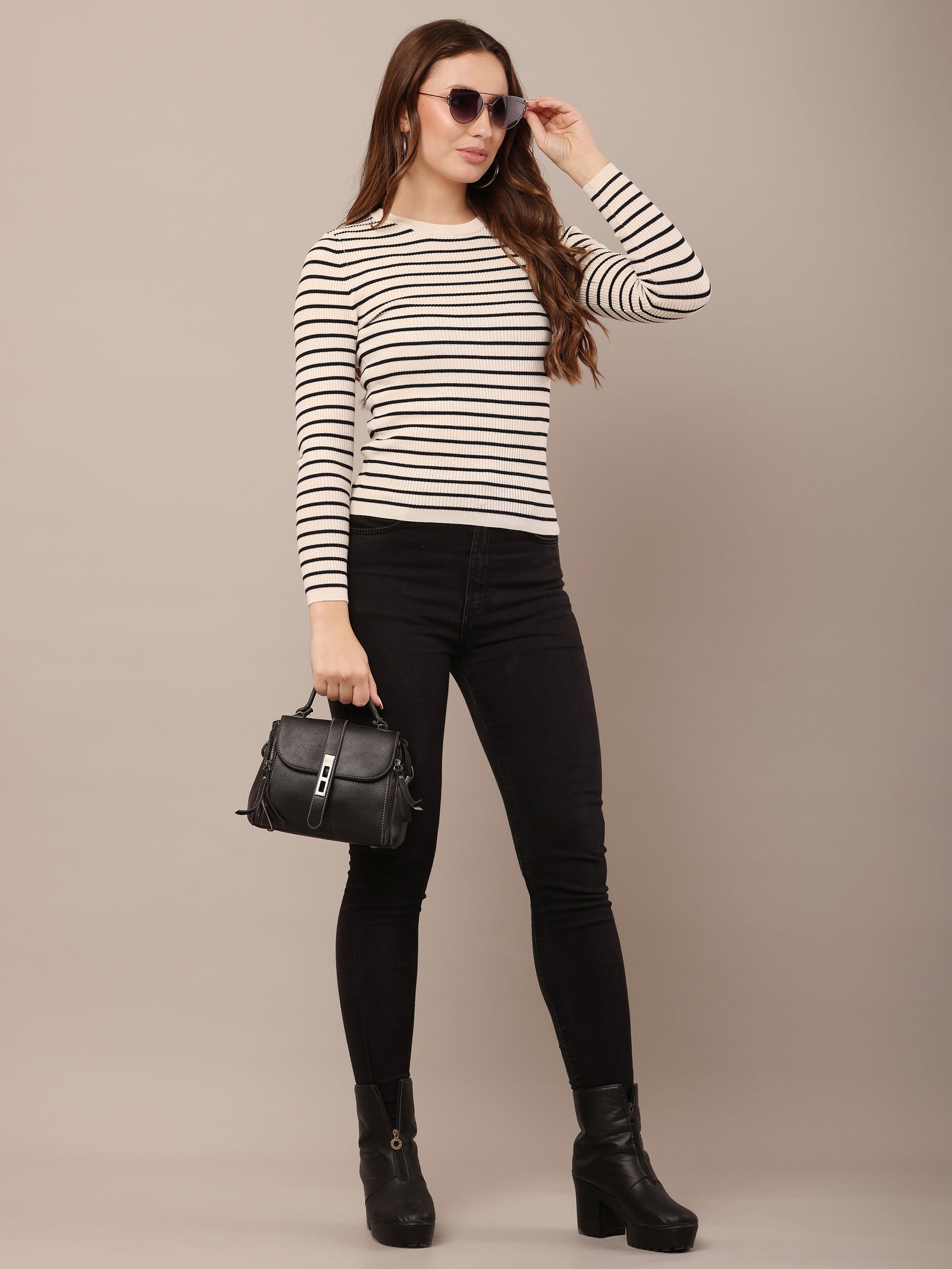 Women Viscose Striped Black & White Sweater