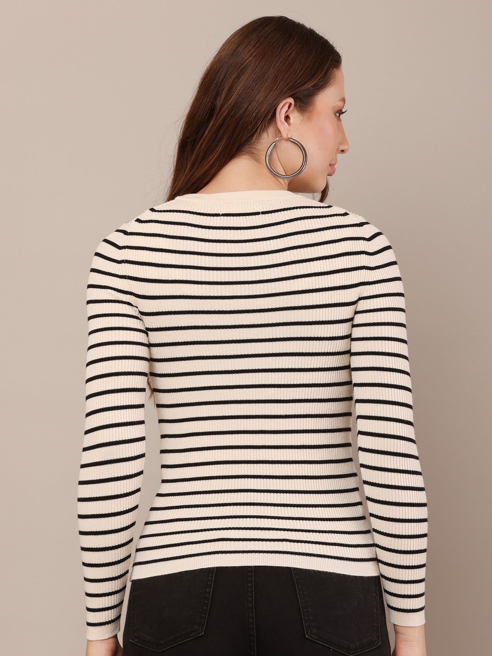 Women Viscose Striped Black & White Sweater