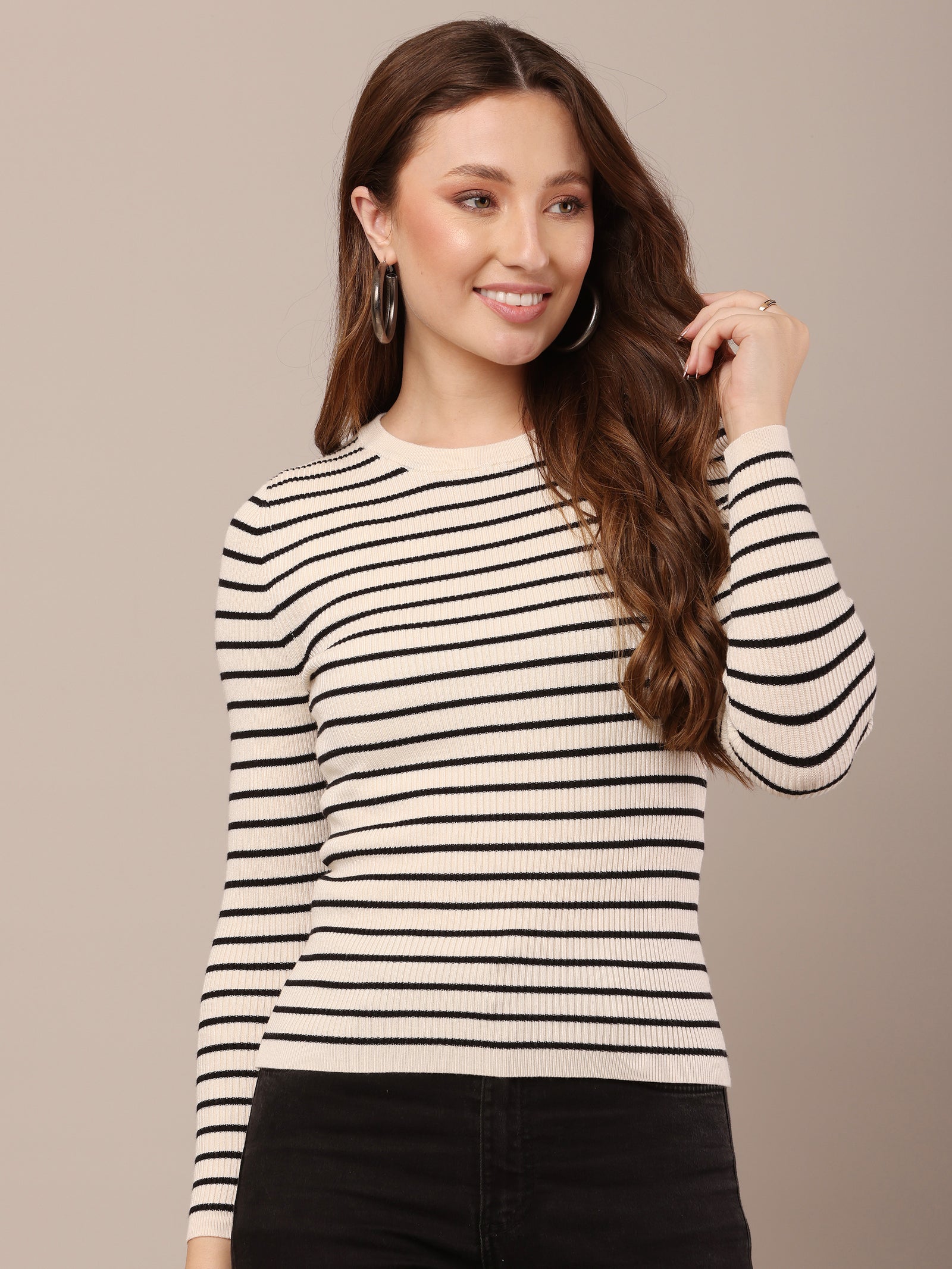 Women Viscose Striped Black & White Sweater