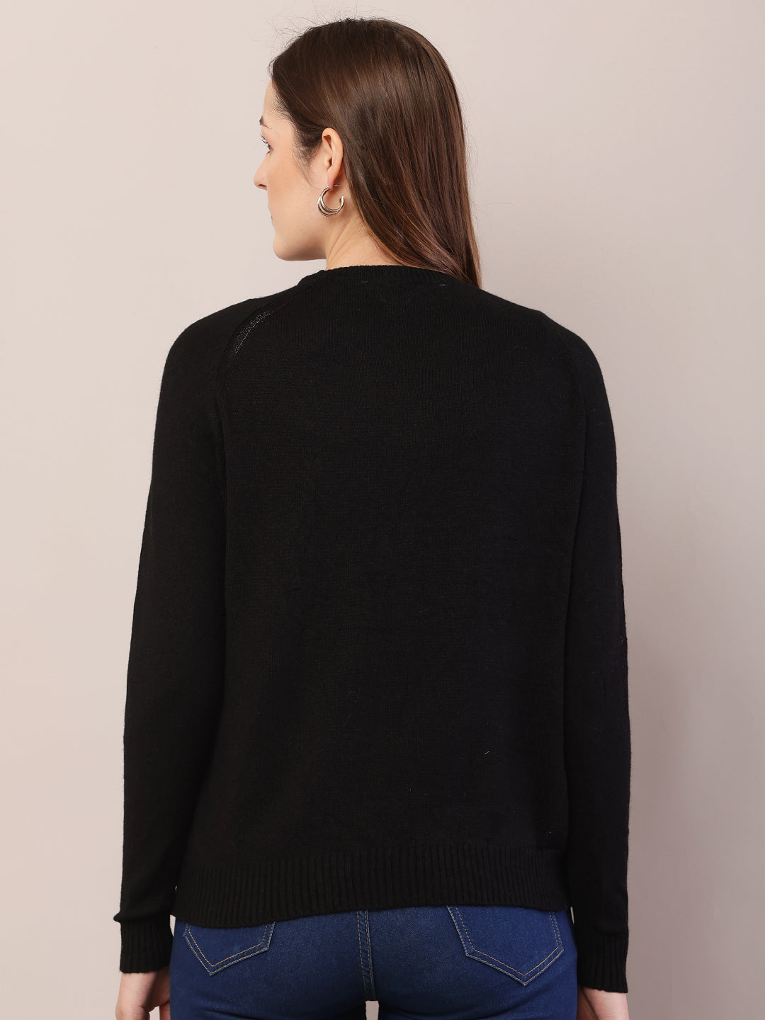 Women black polyester round neck sweater