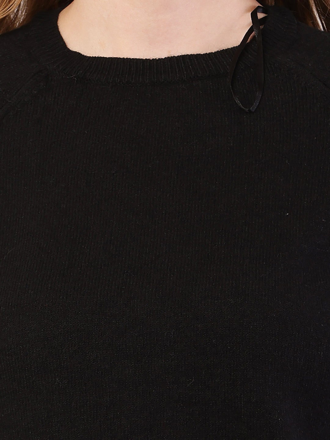 Women black polyester round neck sweater