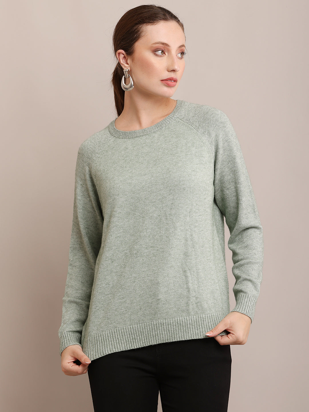 Women Polyester Full Sleeve Light Green Sweater