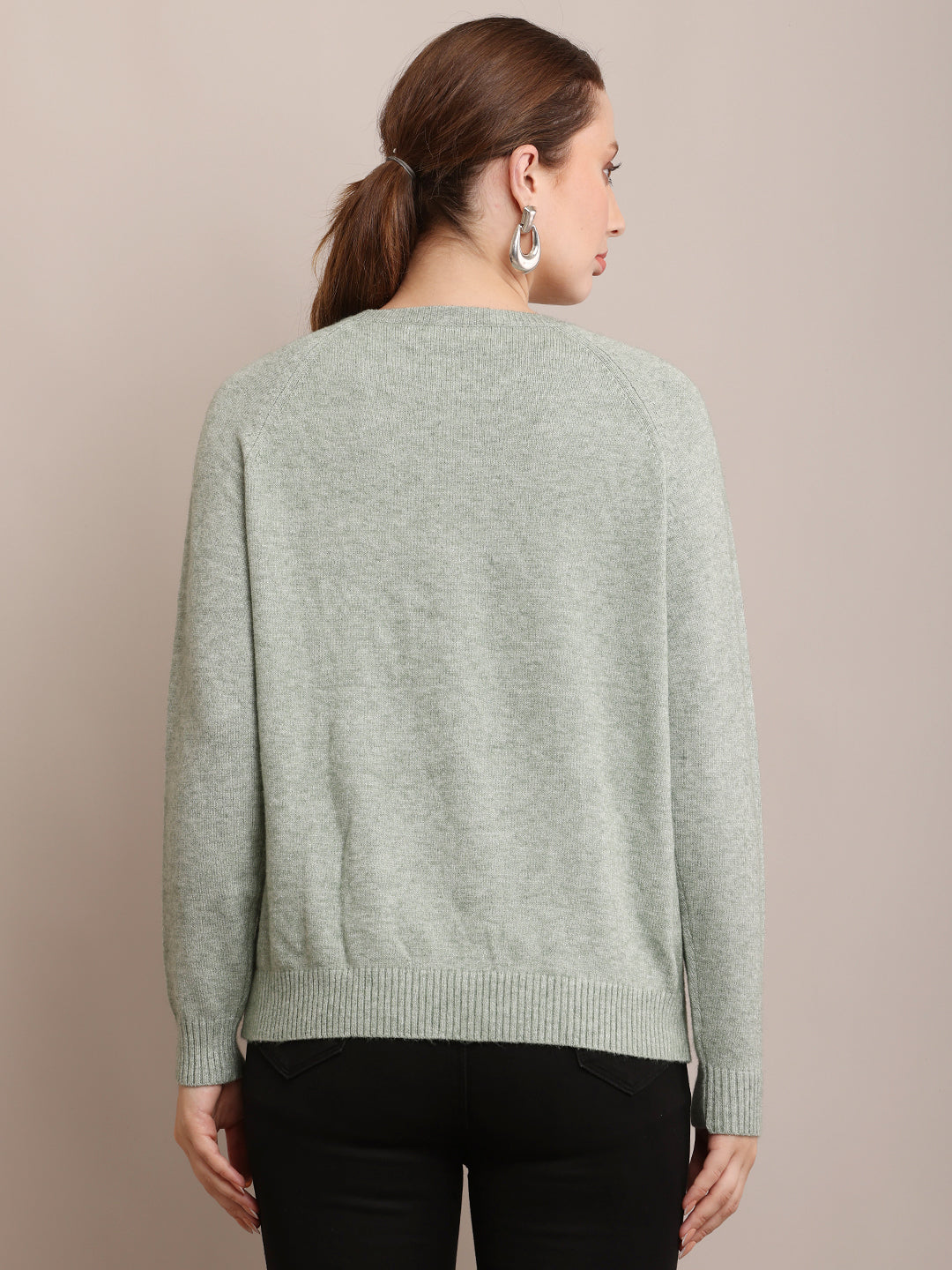 Women Polyester Full Sleeve Light Green Sweater