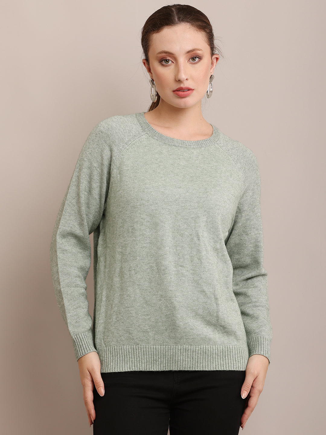 Women Polyester Full Sleeve Light Green Sweater