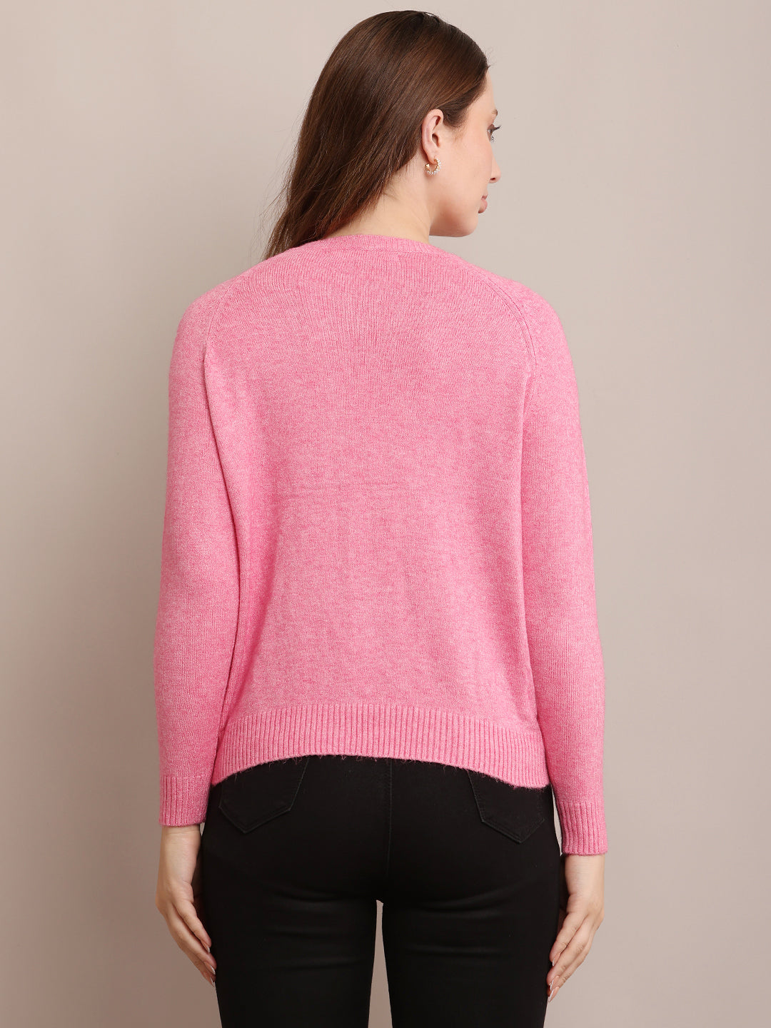 Women Polyester Full Sleeves Pink Sweater