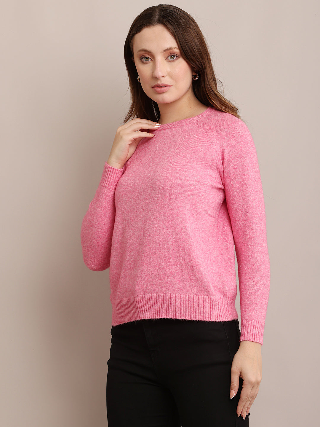 Women Polyester Full Sleeves Pink Sweater