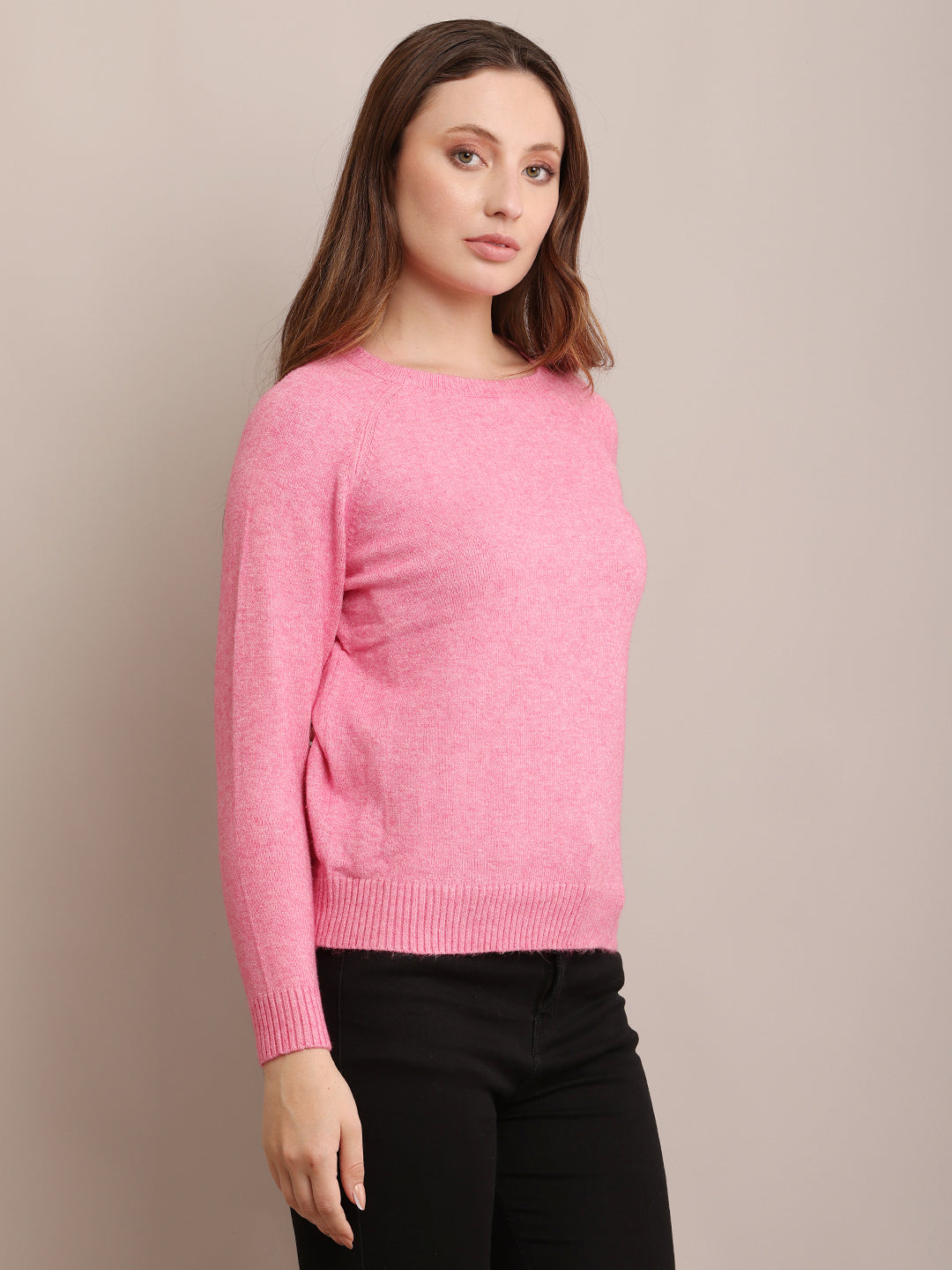 Women Polyester Full Sleeves Pink Sweater