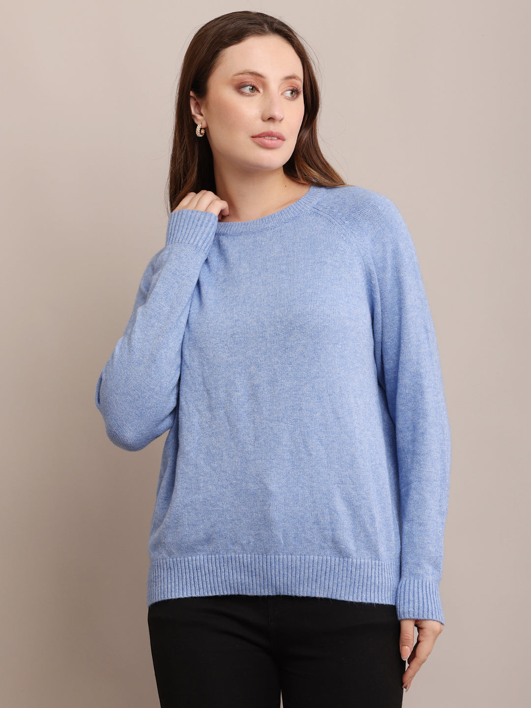 Women Polyester Full Sleeve Sky Blue Sweater