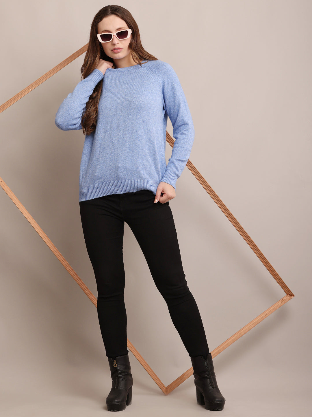 Women Polyester Full Sleeve Sky Blue Sweater