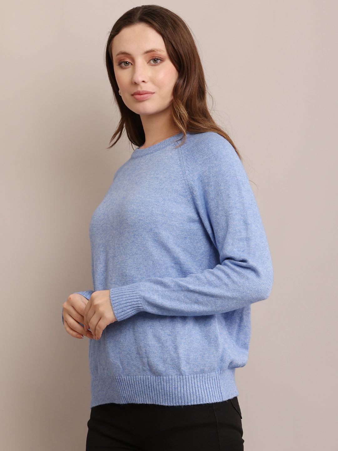 Women Polyester Full Sleeve Sky Blue Sweater