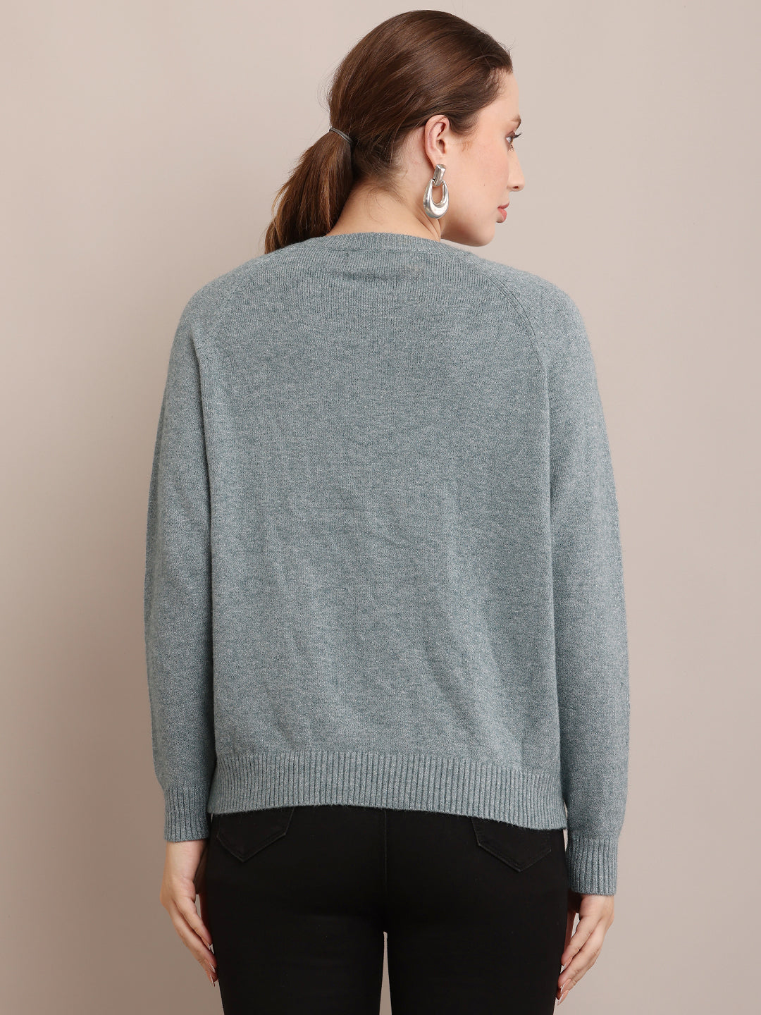 Women Polyester Full Sleeve Sea Green Sweater