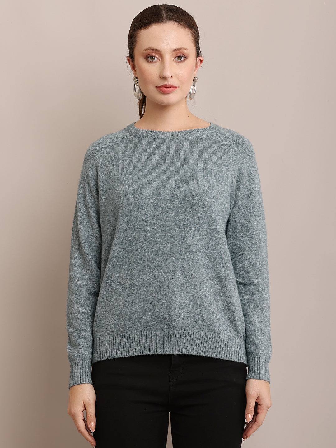 Women Polyester Full Sleeve Sea Green Sweater