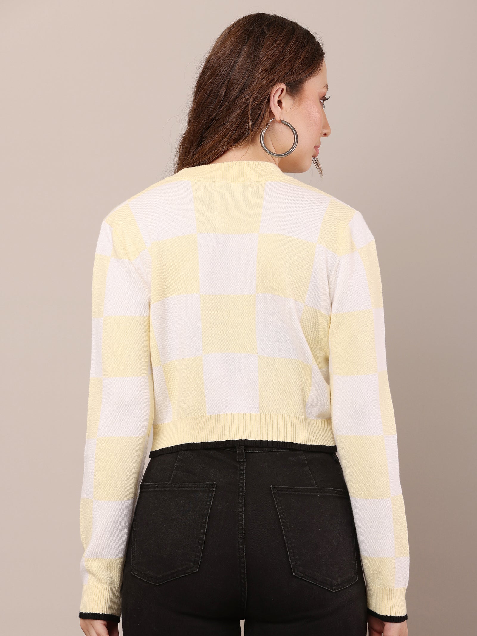 Women Acrylic  White & Yellow Checks Sweater