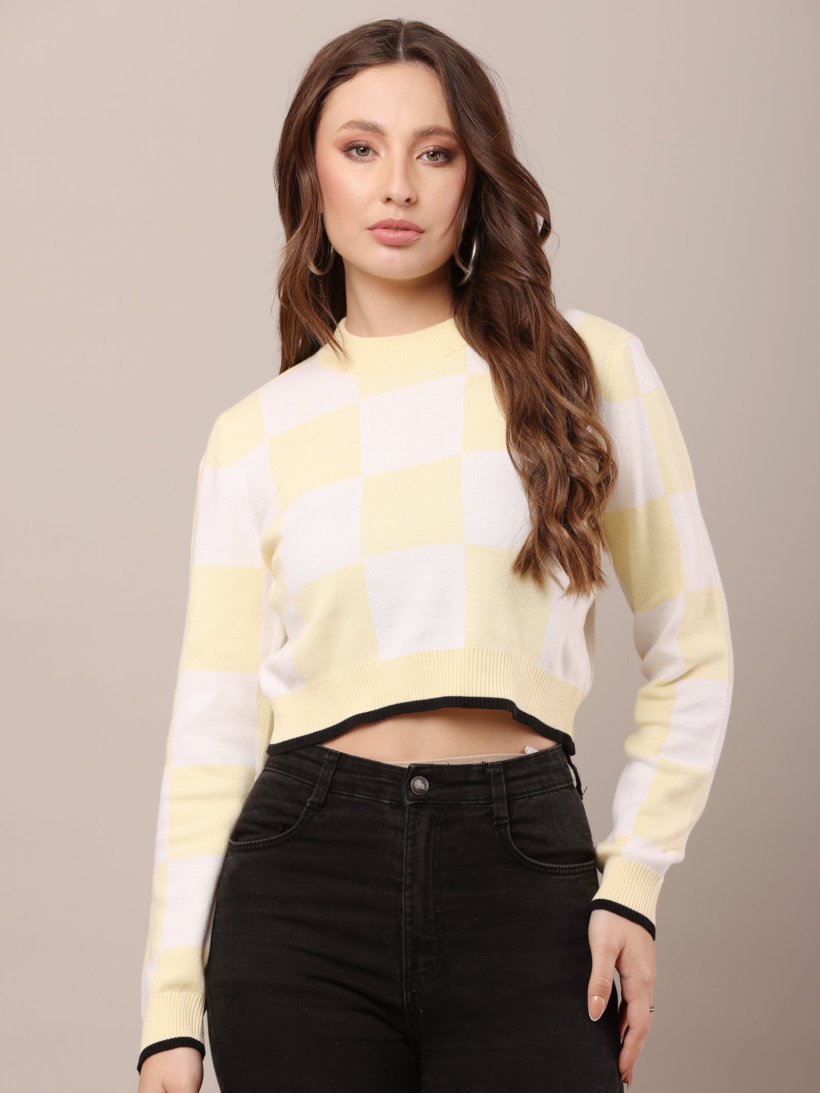 Women Acrylic  White & Yellow Checks Sweater