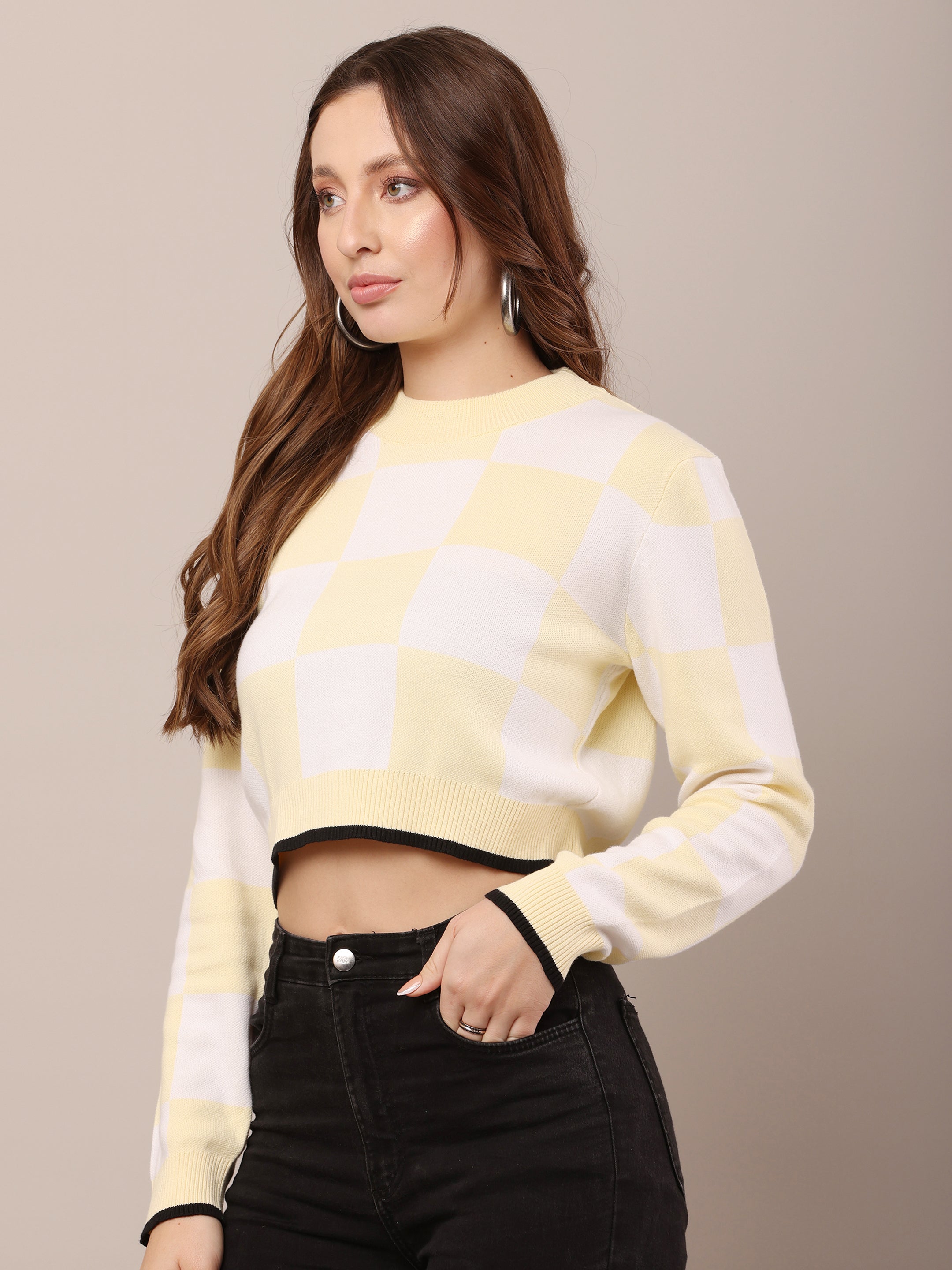 Women Acrylic  White & Yellow Checks Sweater