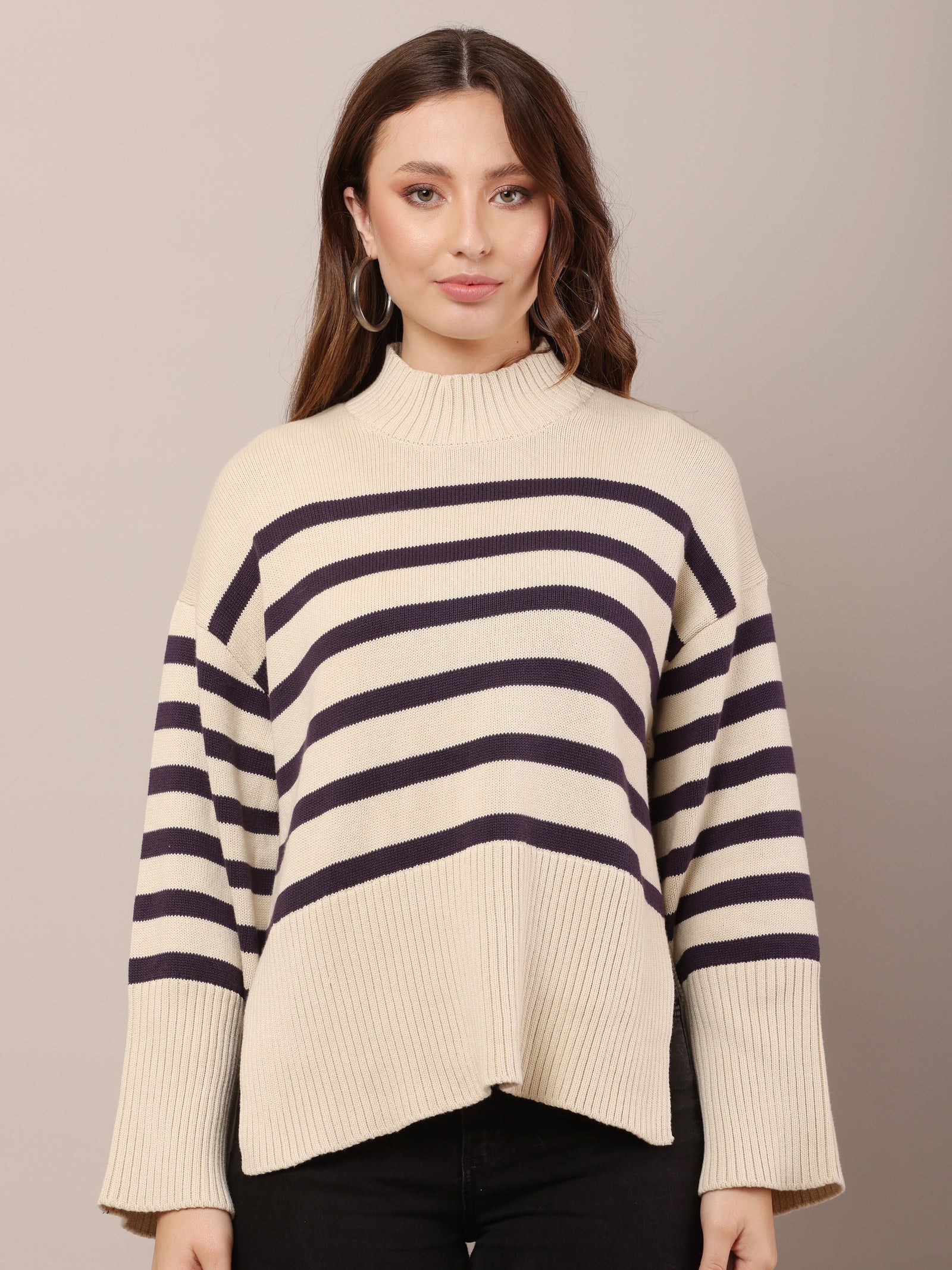 Women Cotto Drop Shoulder Rib Cream Sweater