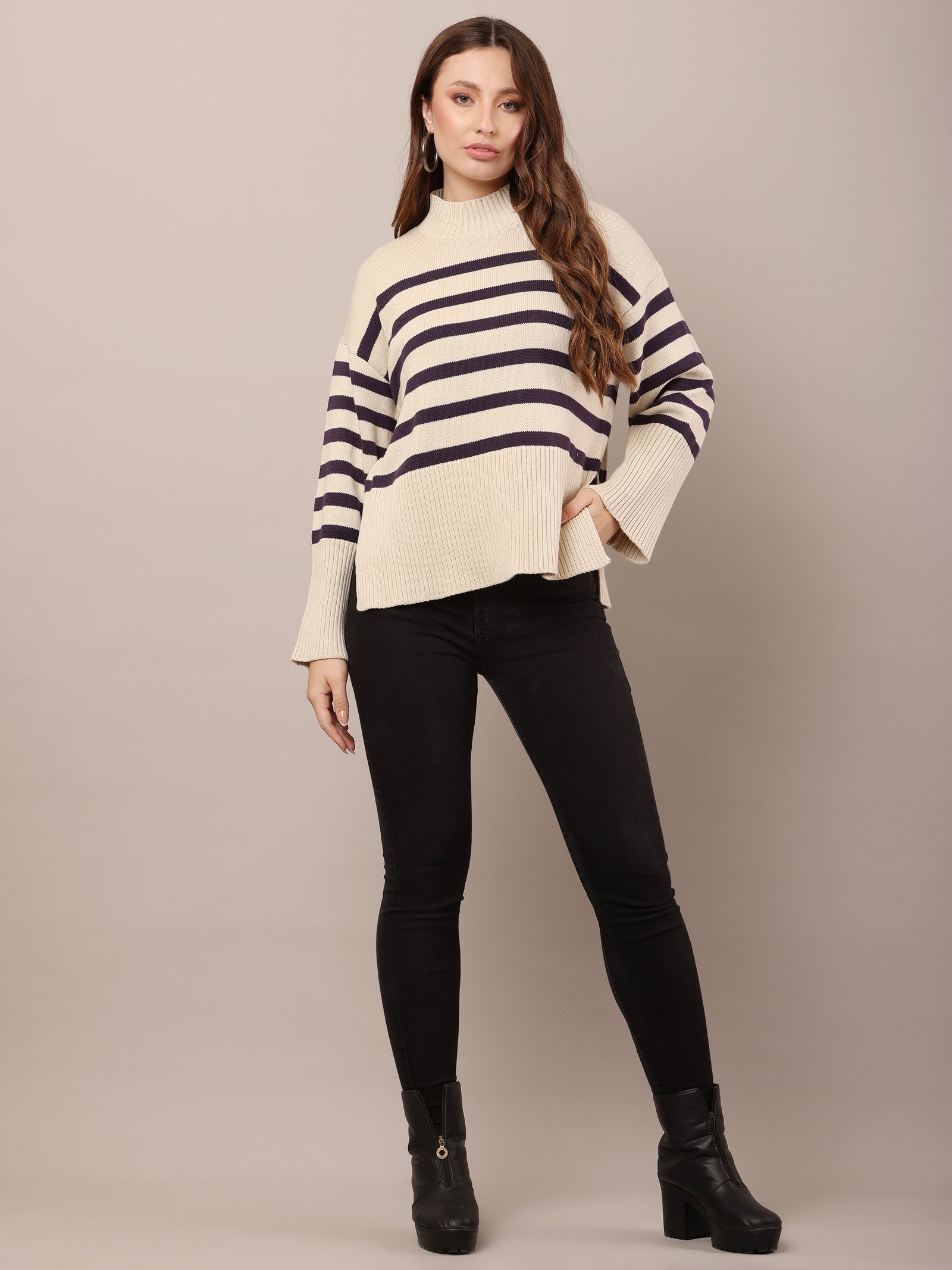 Women Cotto Drop Shoulder Rib Cream Sweater