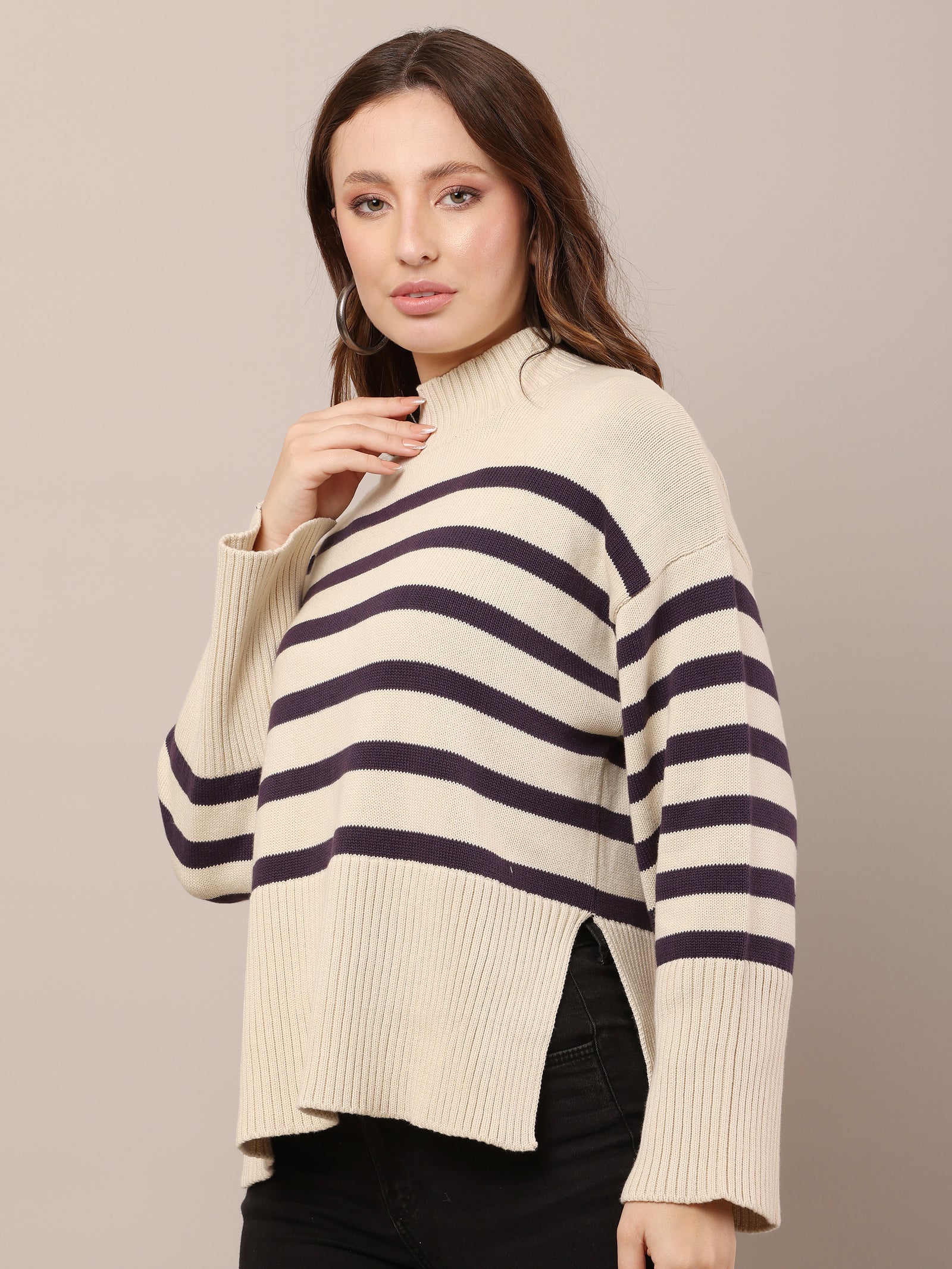 Women Cotto Drop Shoulder Rib Cream Sweater