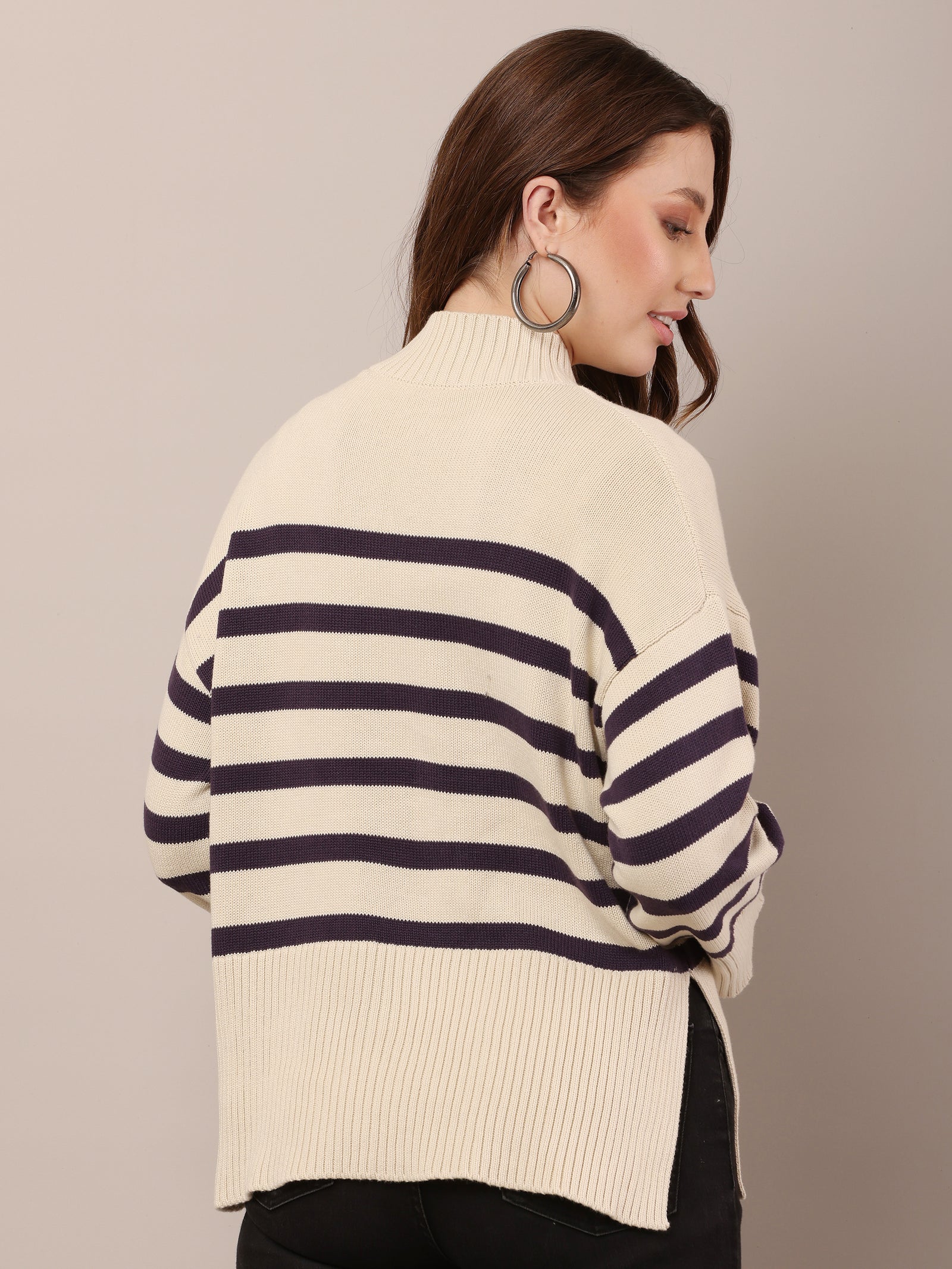 Women Cotto Drop Shoulder Rib Cream Sweater