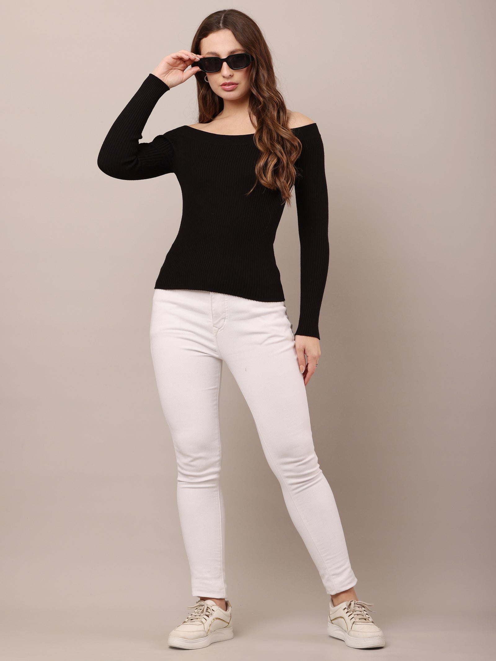 Women Viscose Knitted Off Shoulder Black Top