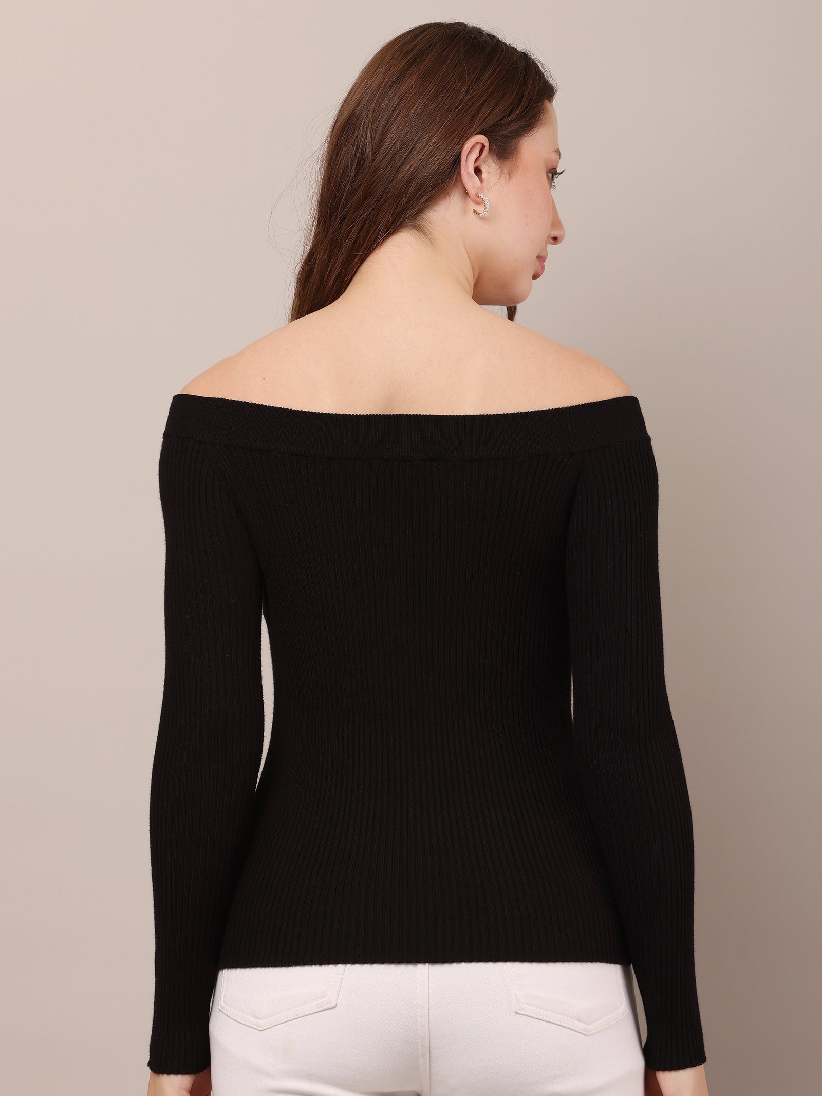 Women Viscose Knitted Off Shoulder Black Top