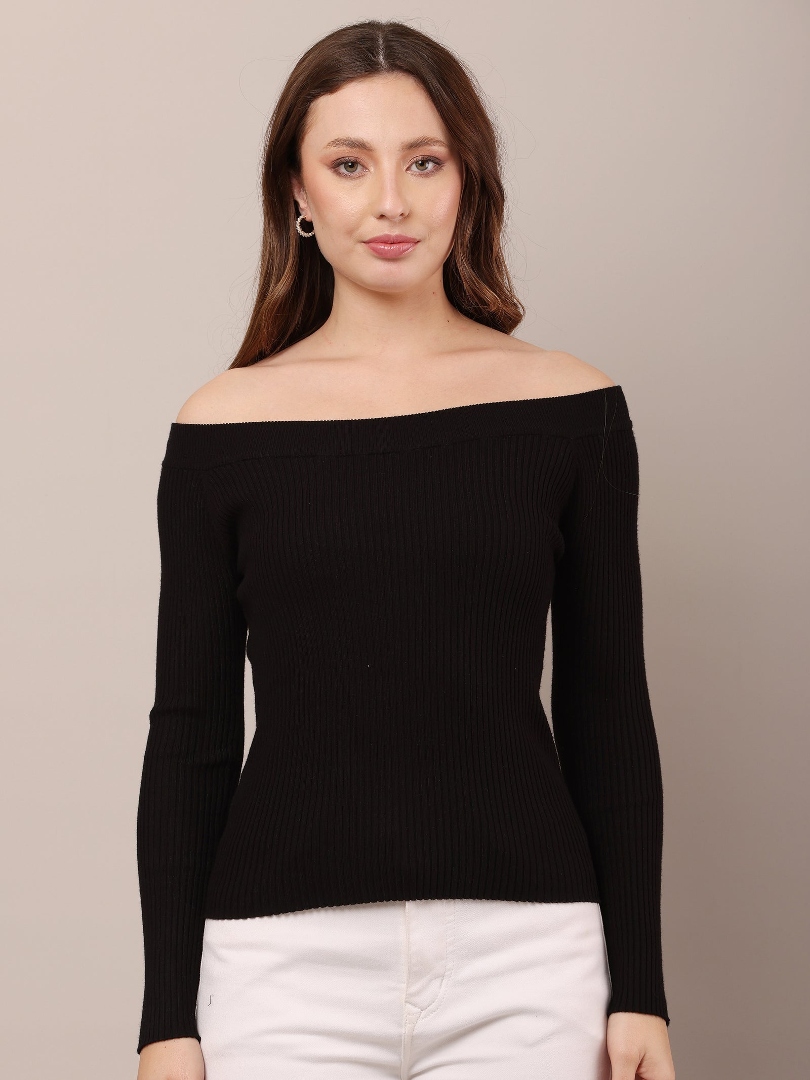 Women Viscose Knitted Off Shoulder Black Top