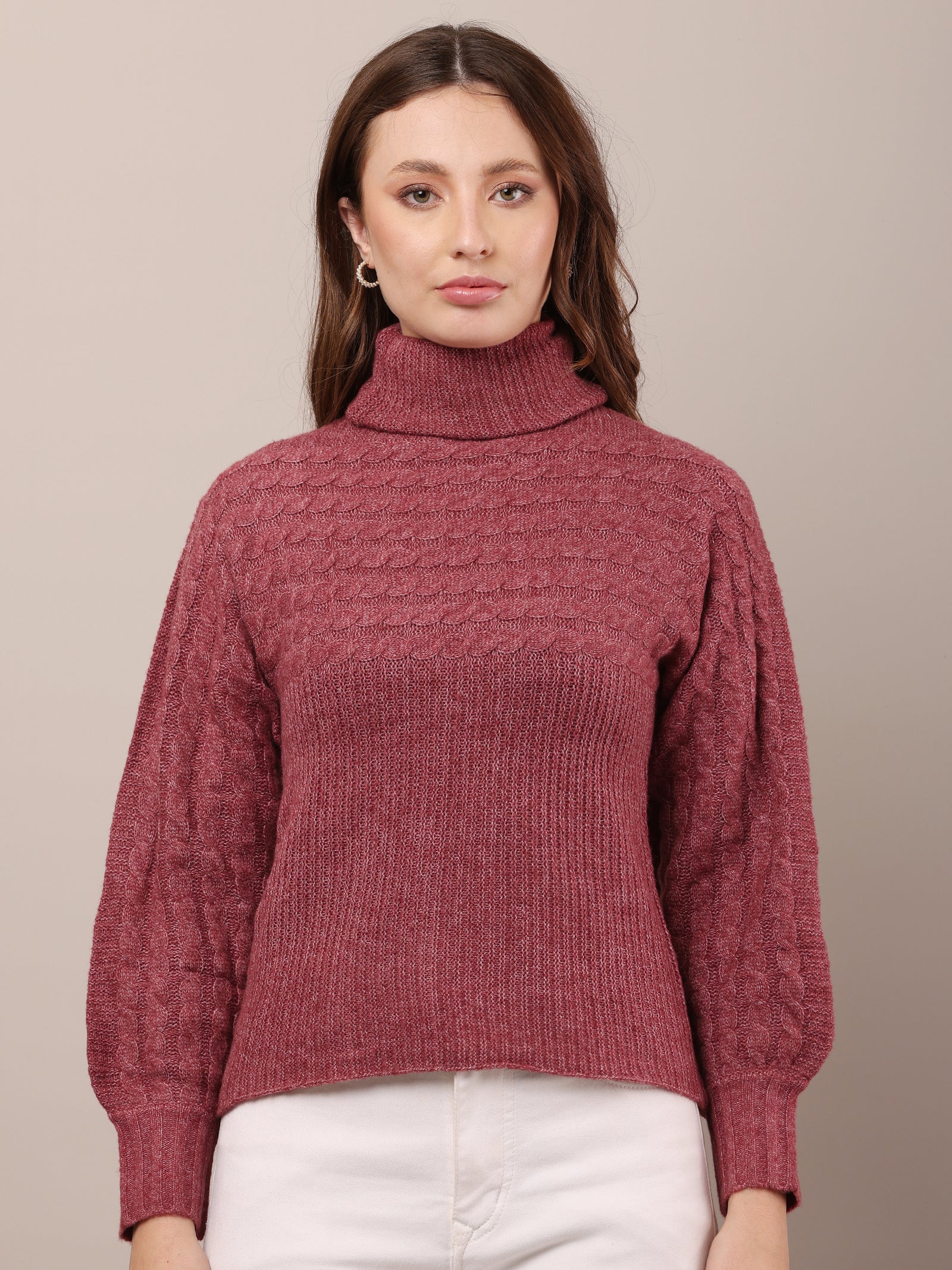 Women Acrylic High Neck Cable Knit  Sweater