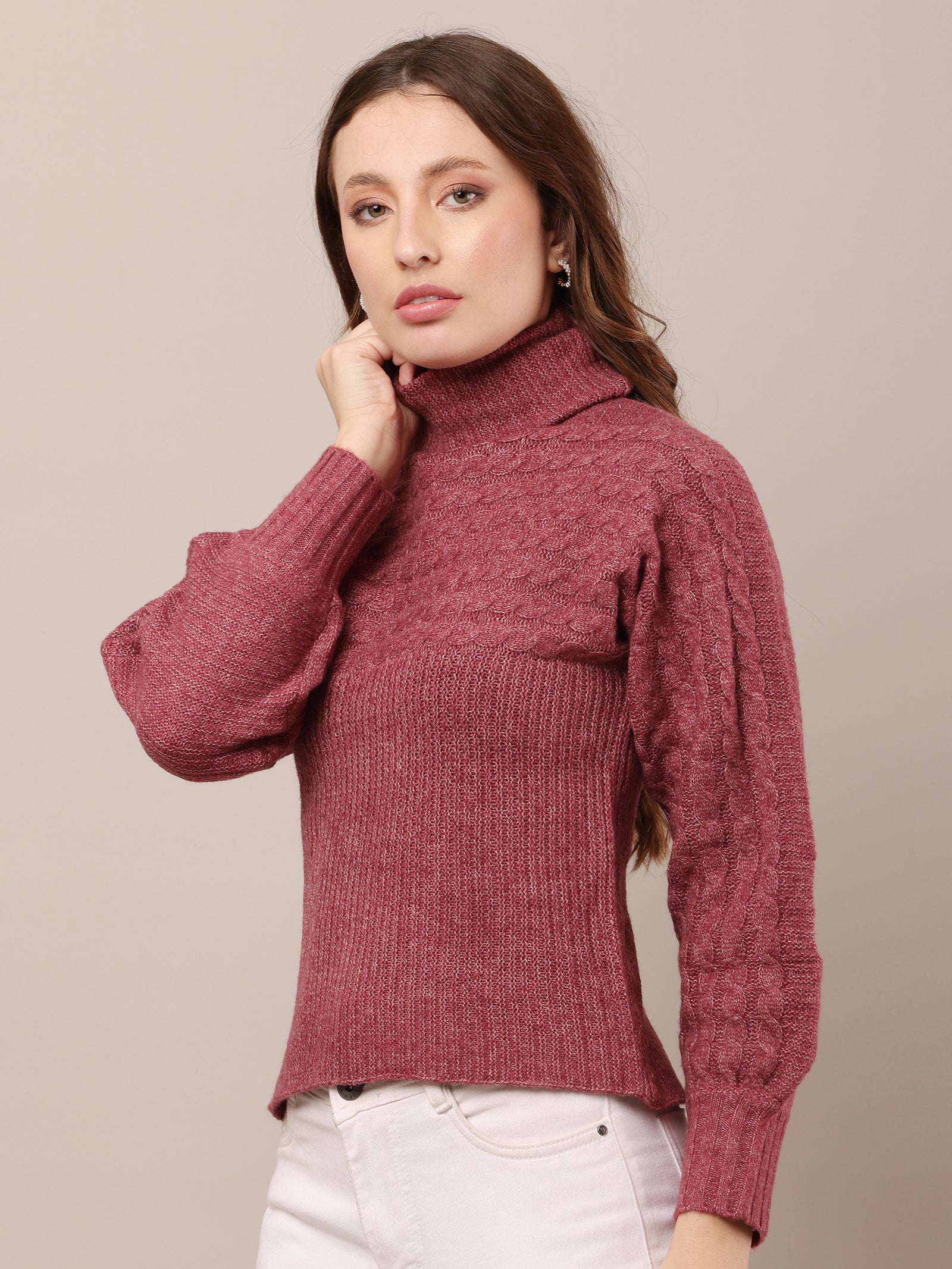 Women Acrylic High Neck Cable Knit  Sweater