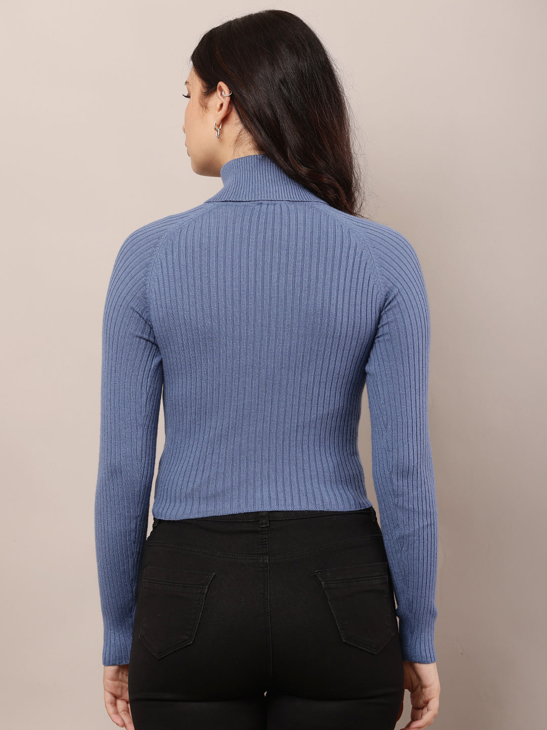 Women Blue High-Neck Ribbed Sweater