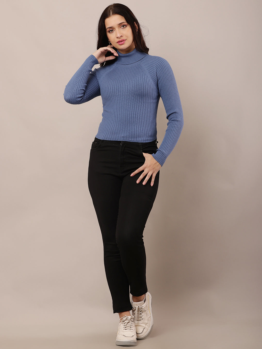 Women Blue High-Neck Ribbed Sweater