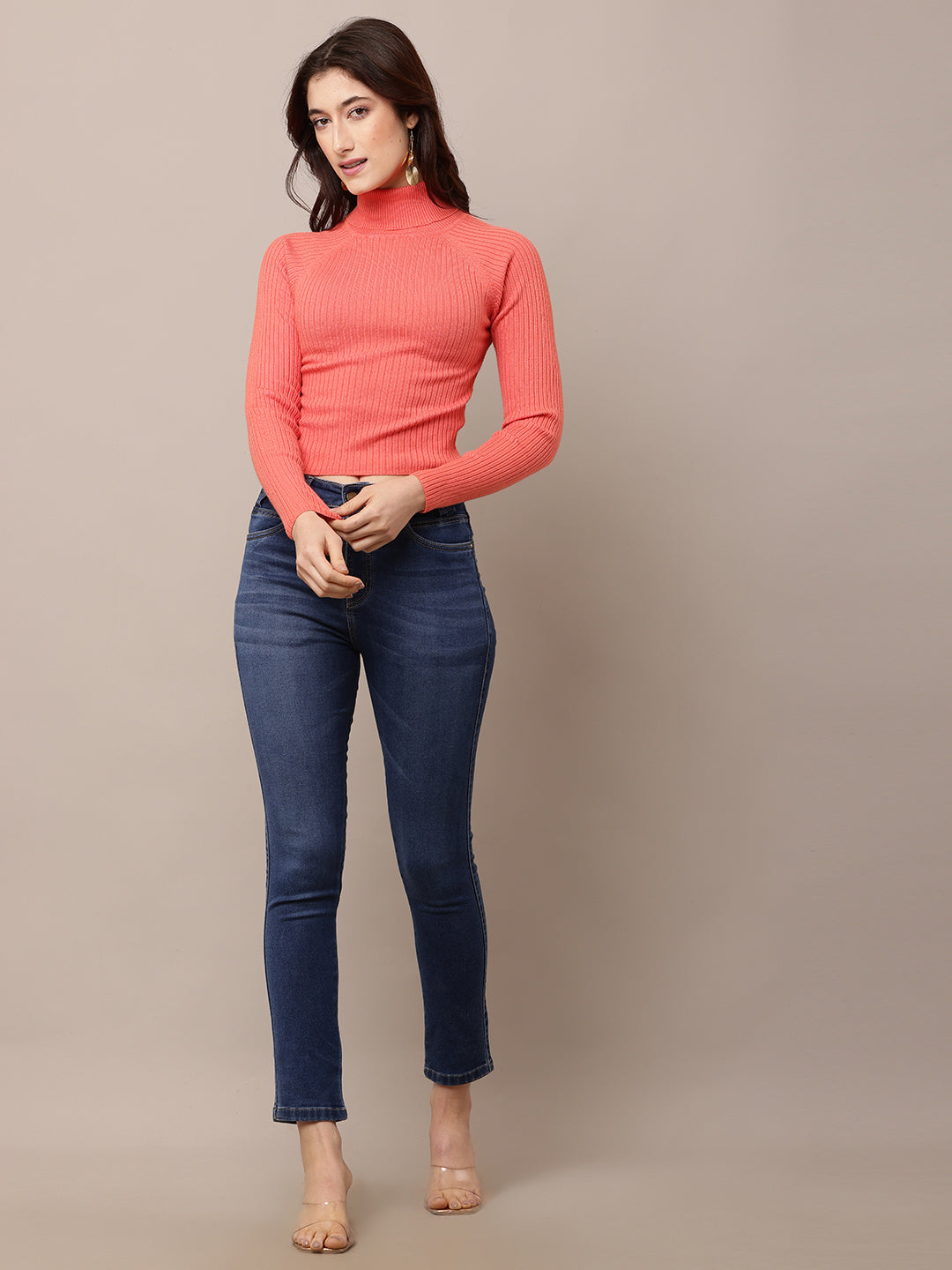 Women Peach Ribbed High-Neck Cotton Sweater
