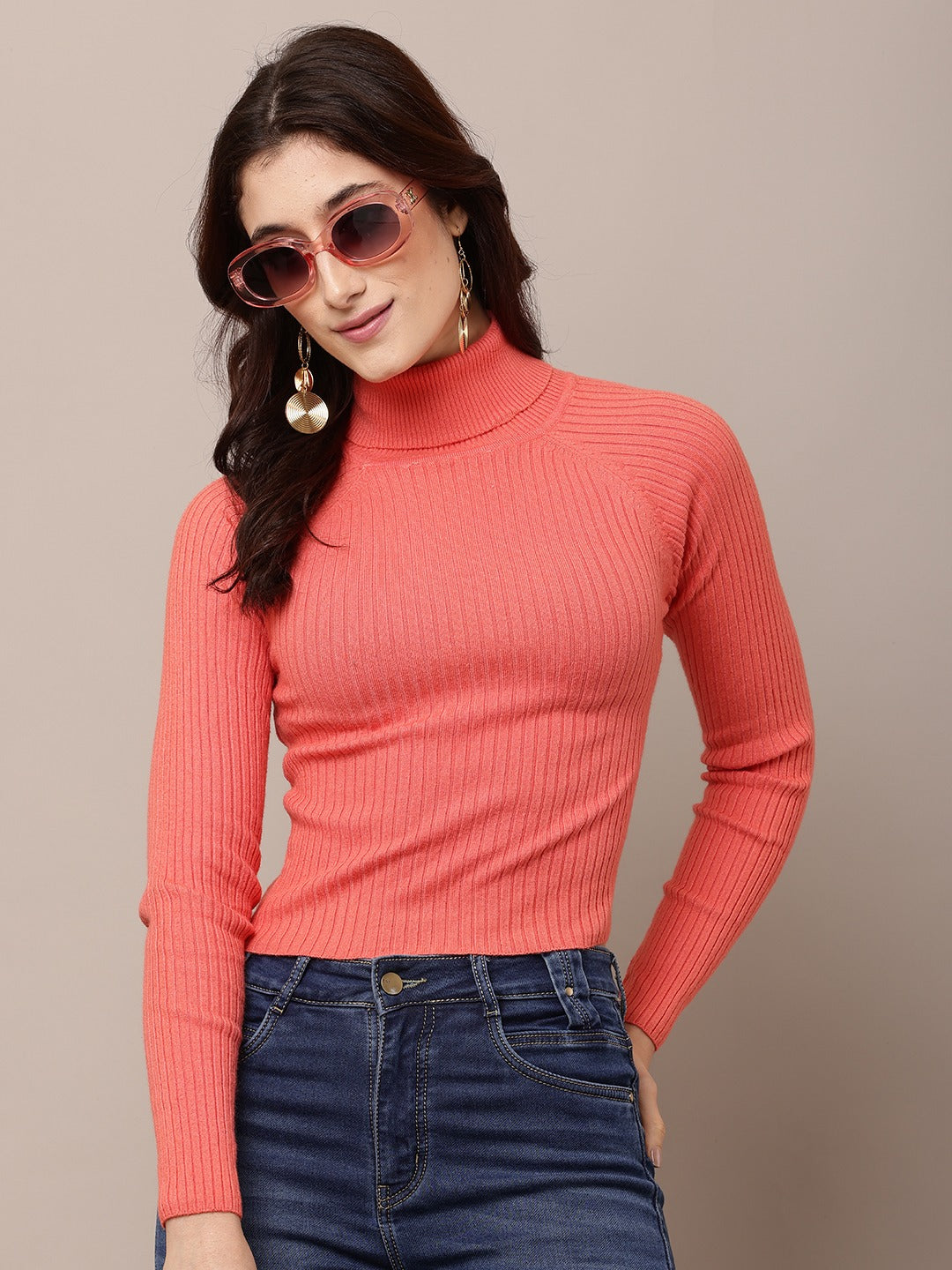 Women Peach Ribbed High-Neck Cotton Sweater