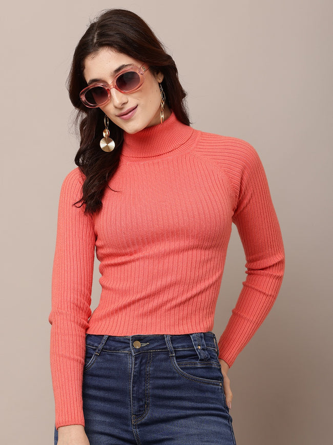 Women Peach Ribbed High-Neck Cotton Sweater