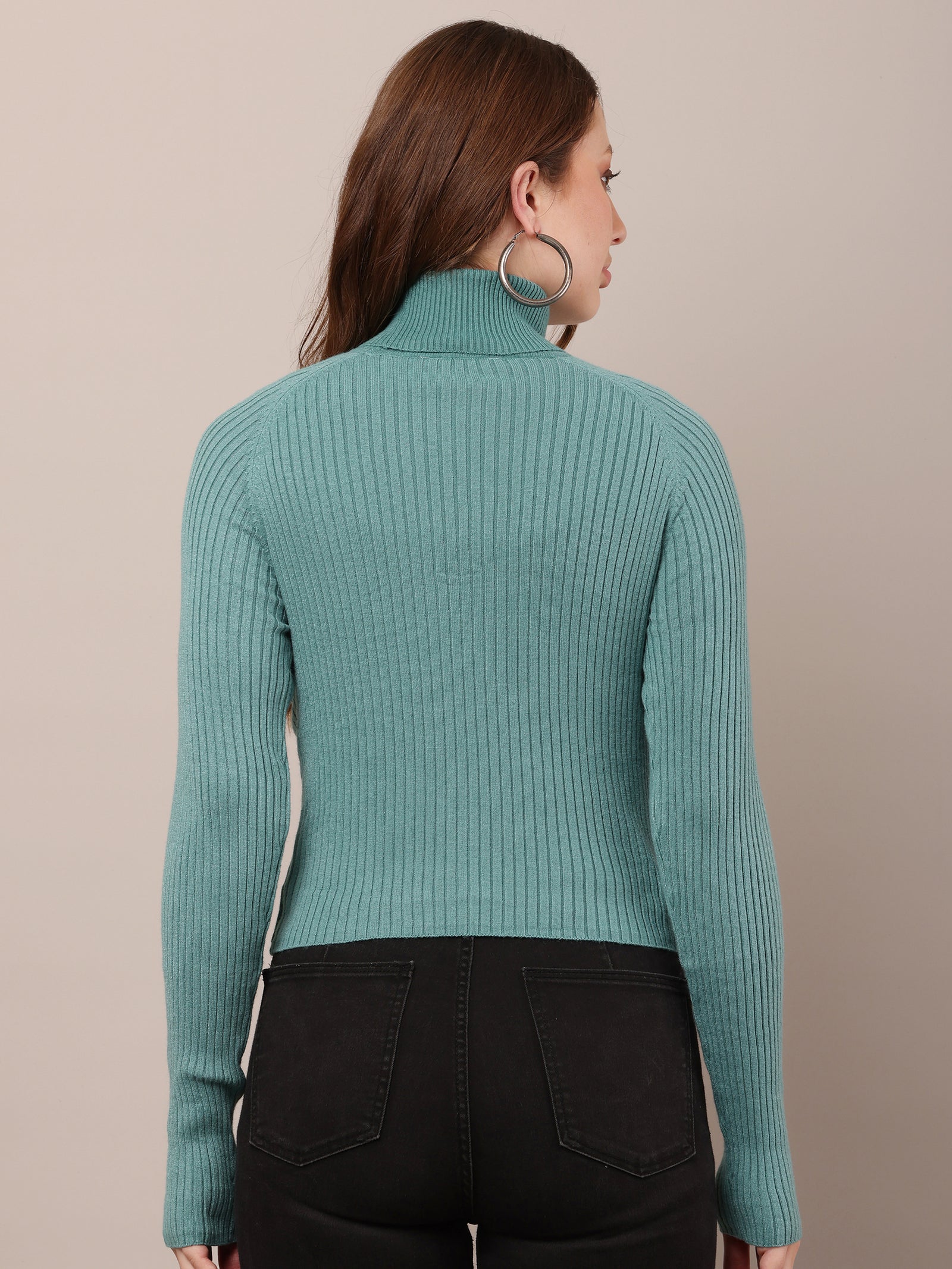 Women Cotton Ribbed Sea Green Sweater