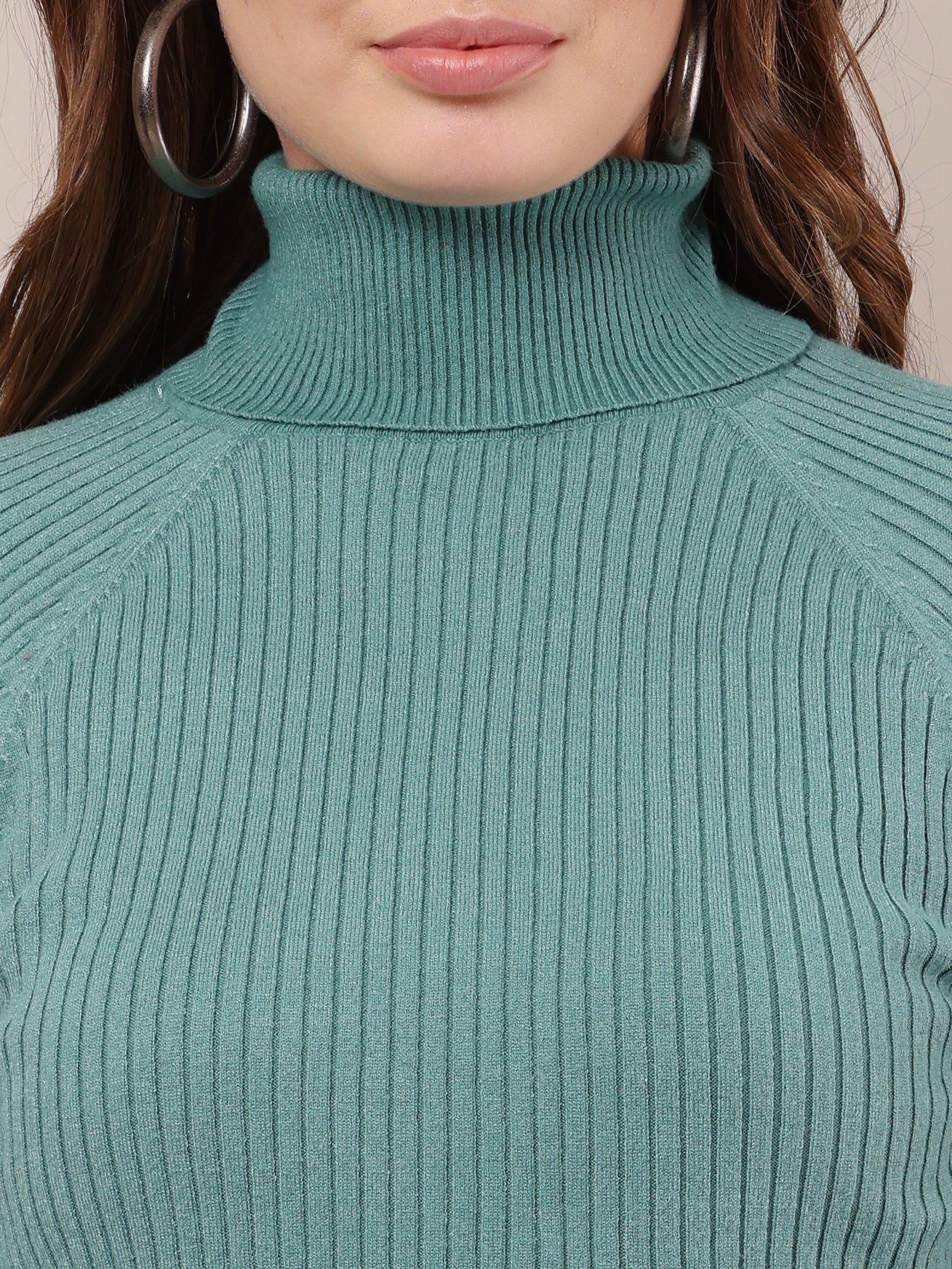 Women Cotton Ribbed Sea Green Sweater