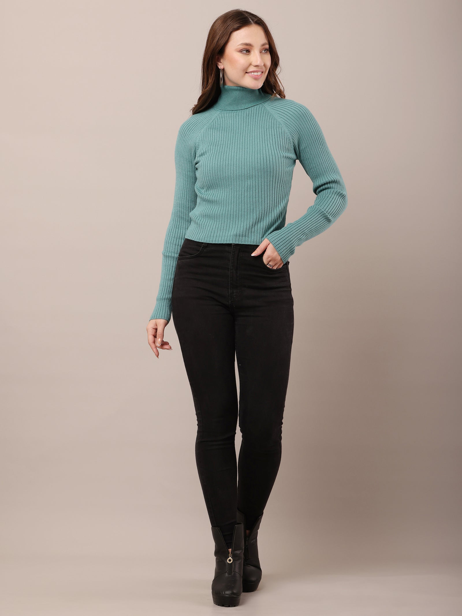 Women Cotton Ribbed Sea Green Sweater