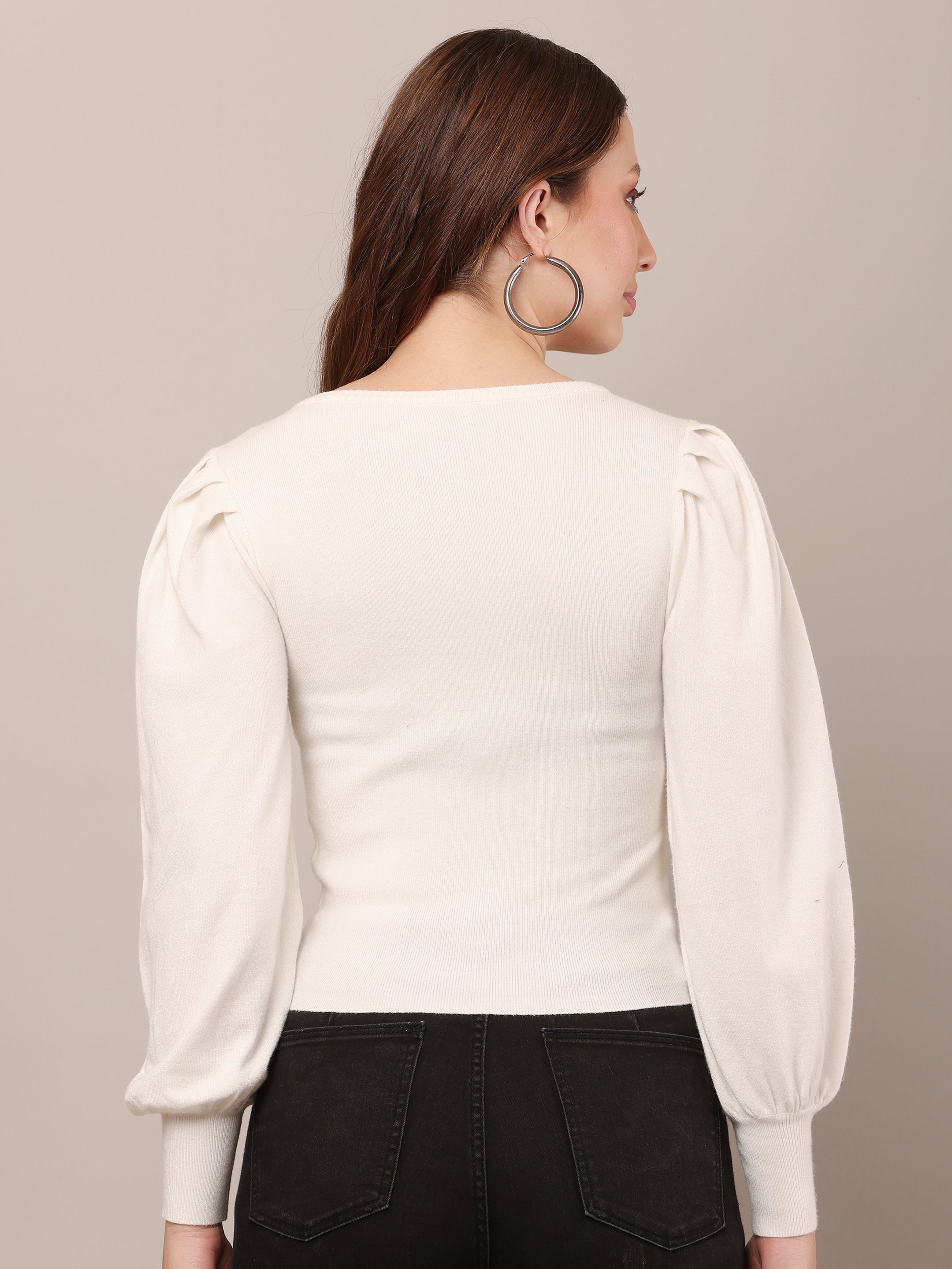 Women Viscose Puff Sleeves Rib Off-white Top