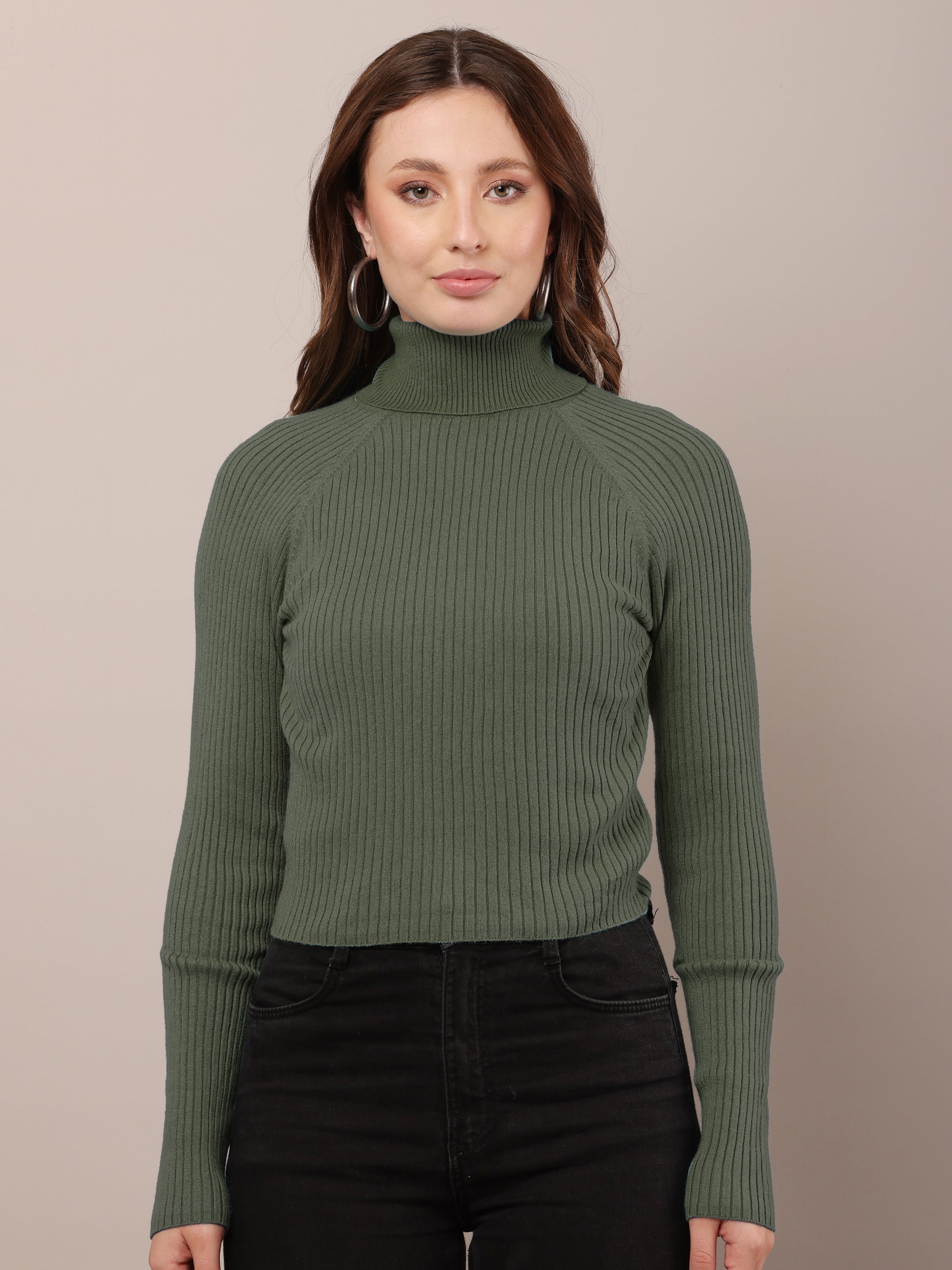 Women dark green cotton raglan high-neck sweater