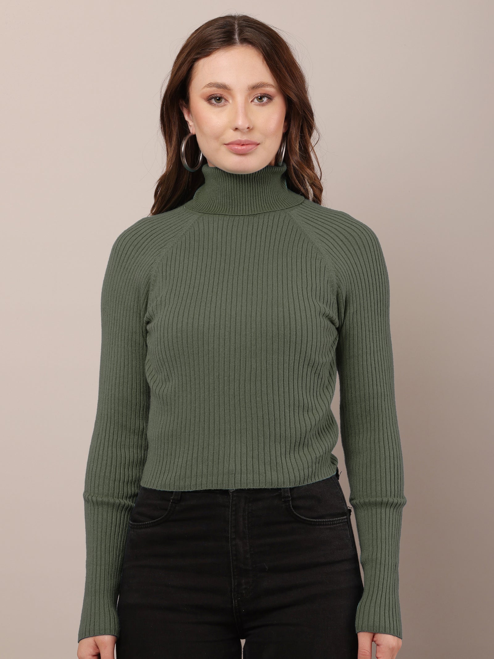 Women dark green cotton raglan high-neck sweater