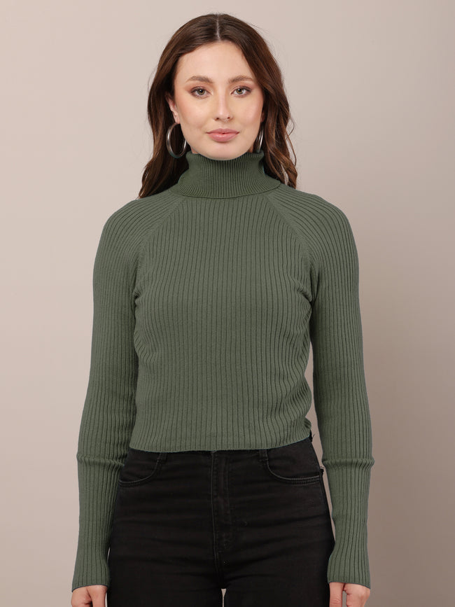 Women Dark Green Cotton Raglan High-neck Sweater