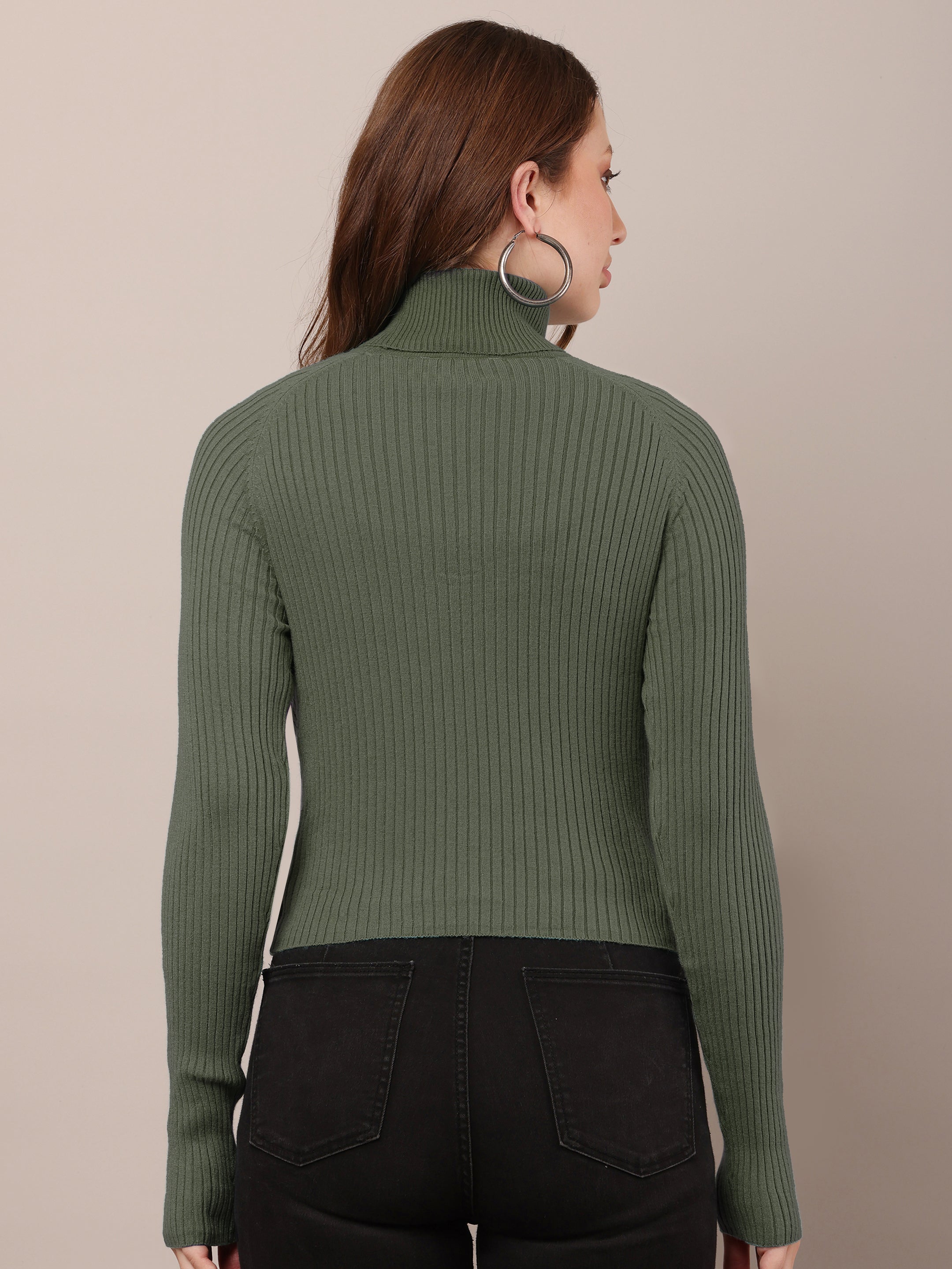 Women dark green cotton raglan high-neck sweater