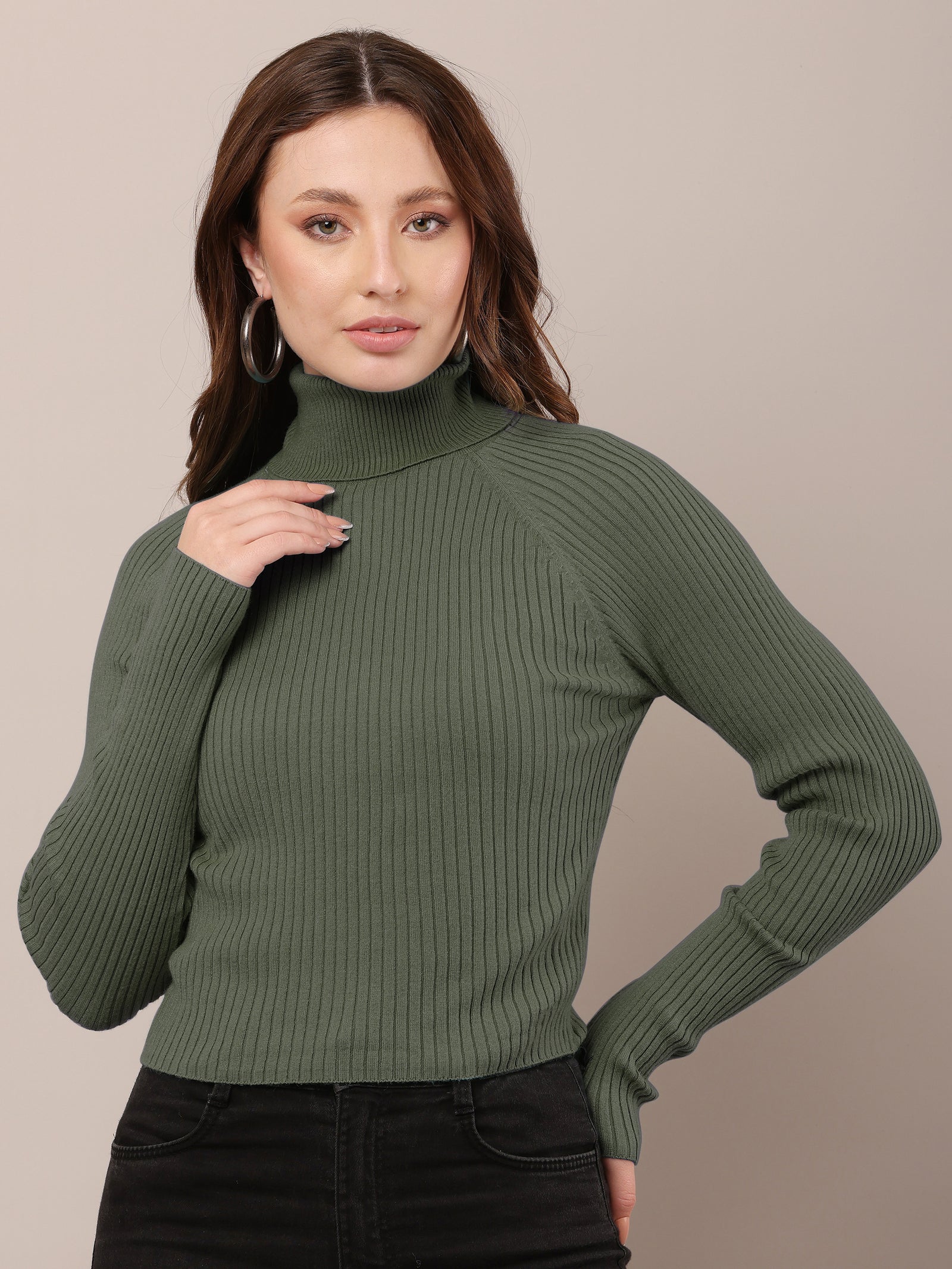 Women dark green cotton raglan high-neck sweater