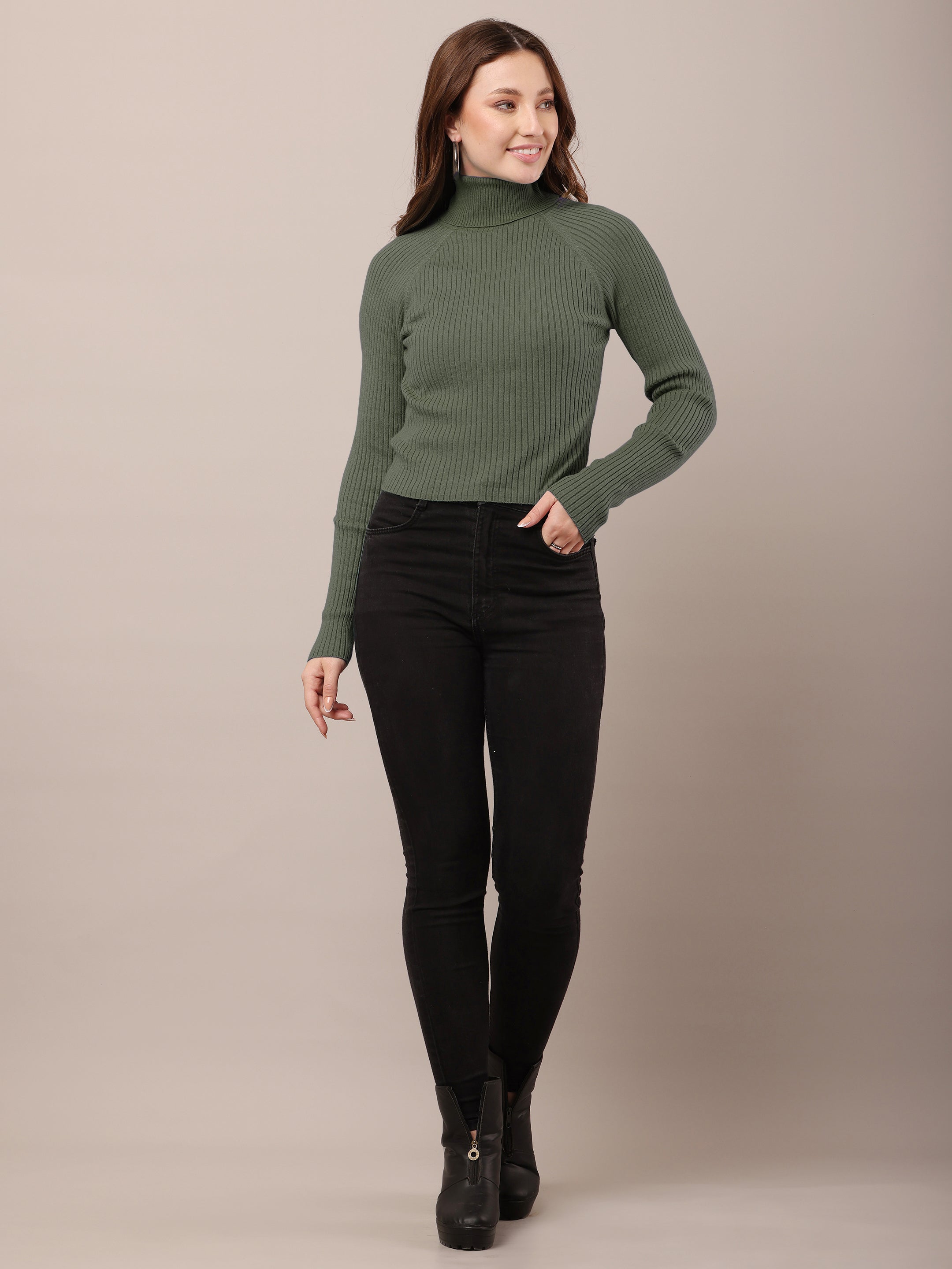 Women dark green cotton raglan high-neck sweater