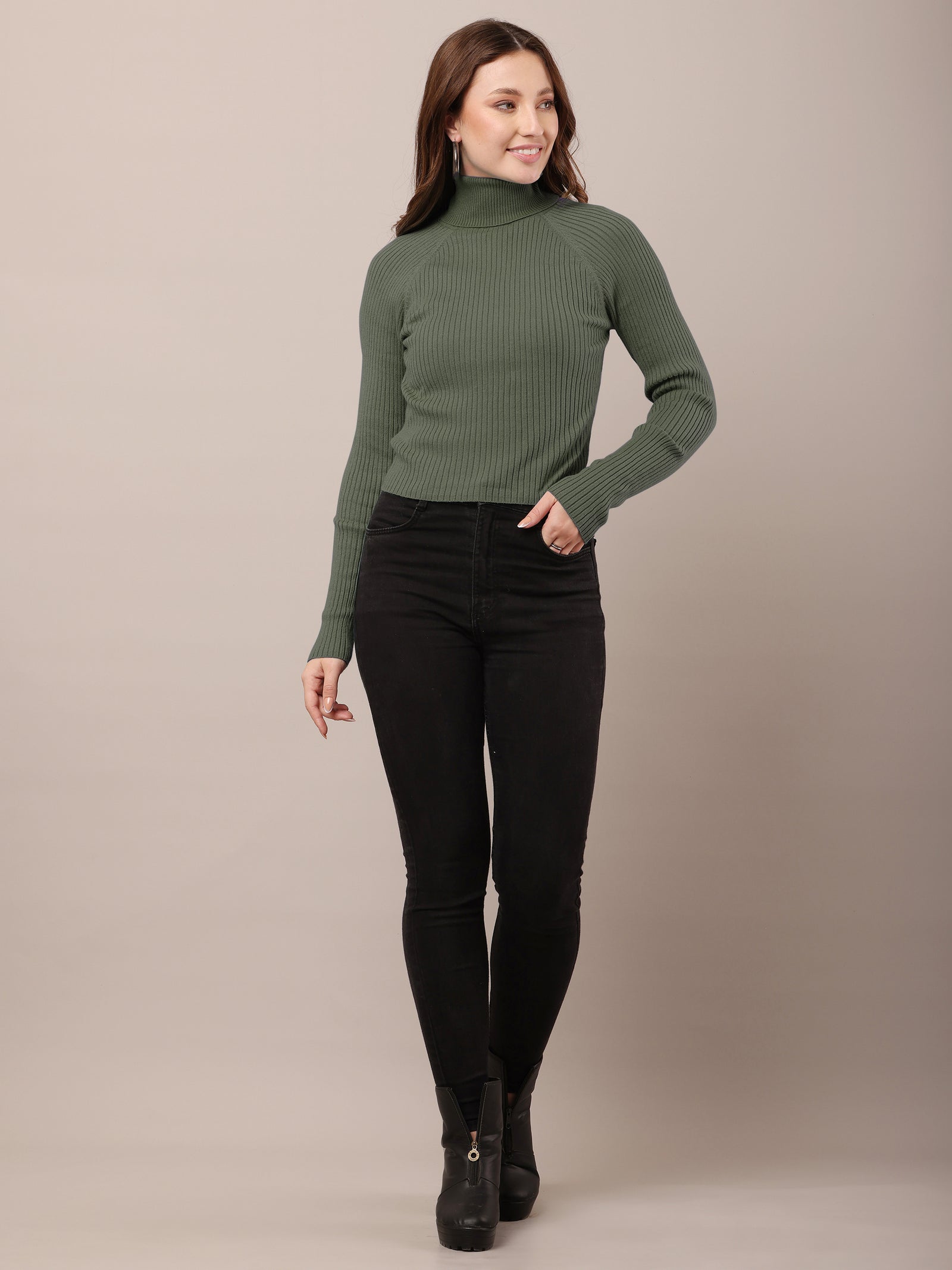 Women dark green cotton raglan high-neck sweater