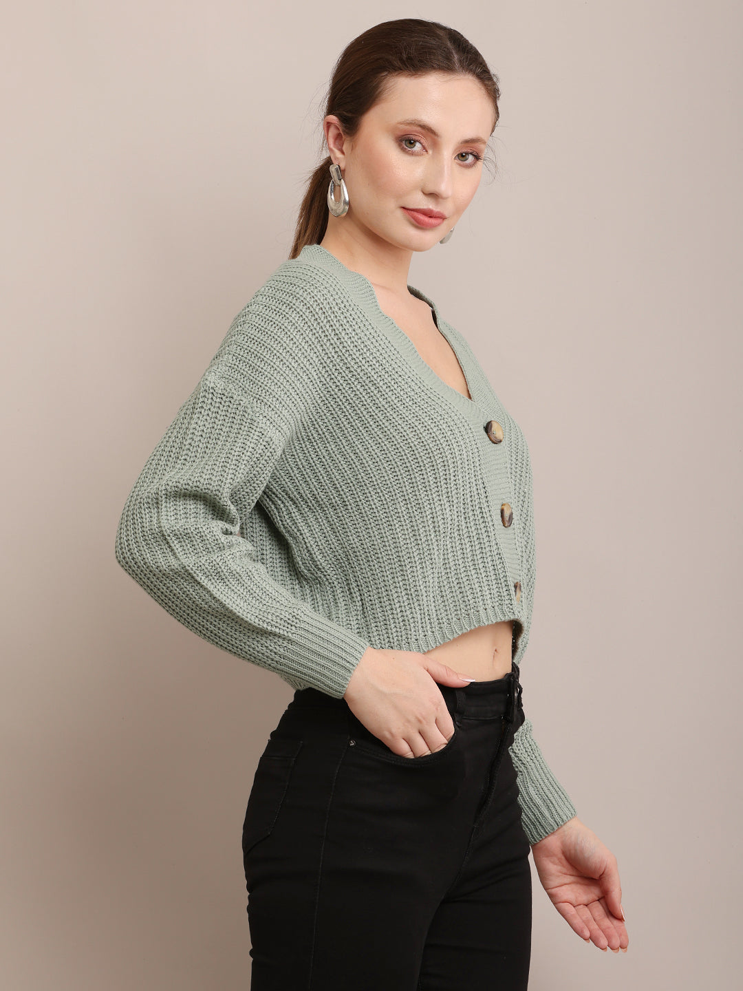 Women Acrylic Full Sleeve Light Sea Green Cardigan