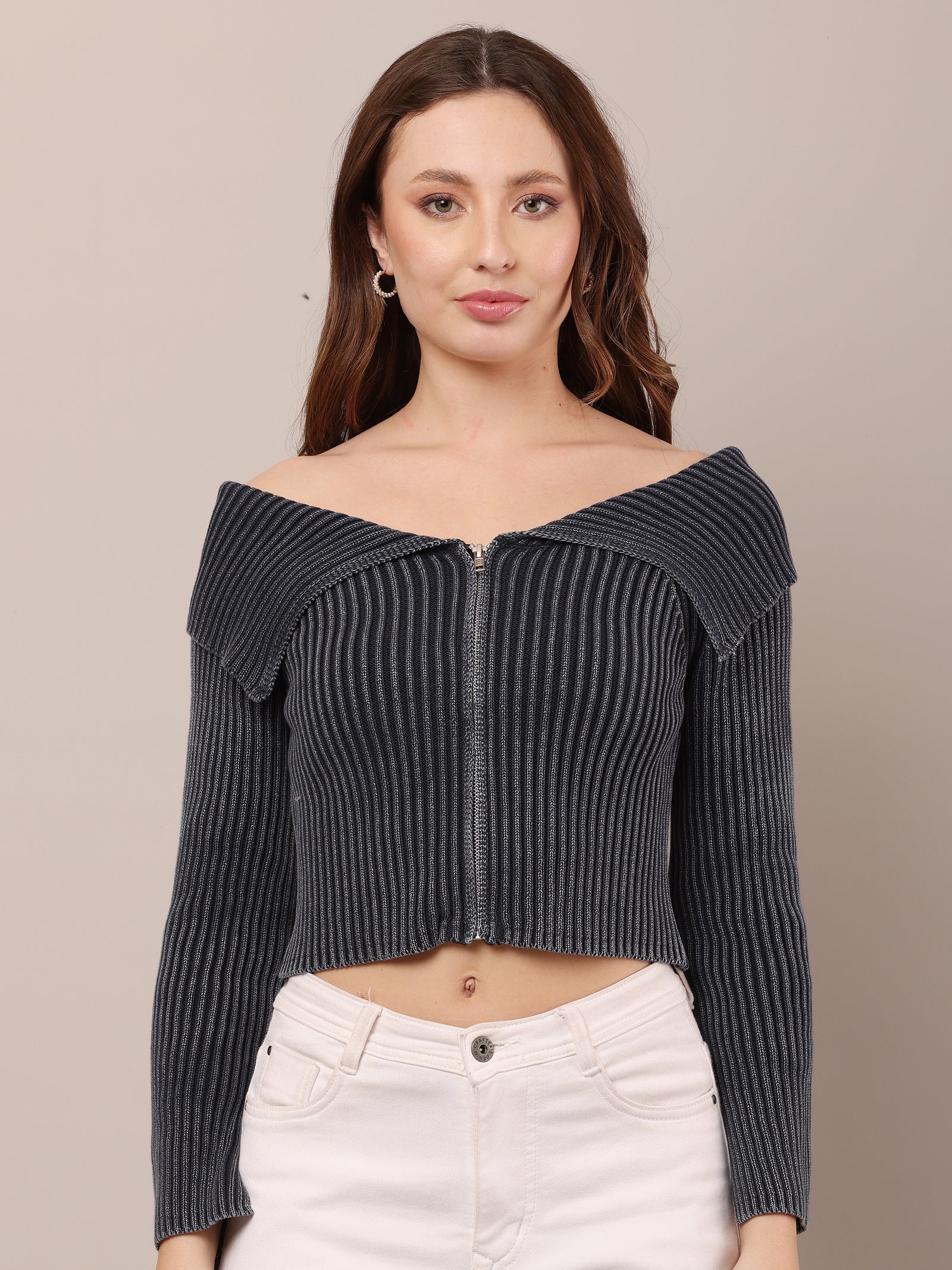 Women Cotton Off-Shoulder Smoke Dark Blue Crop Top