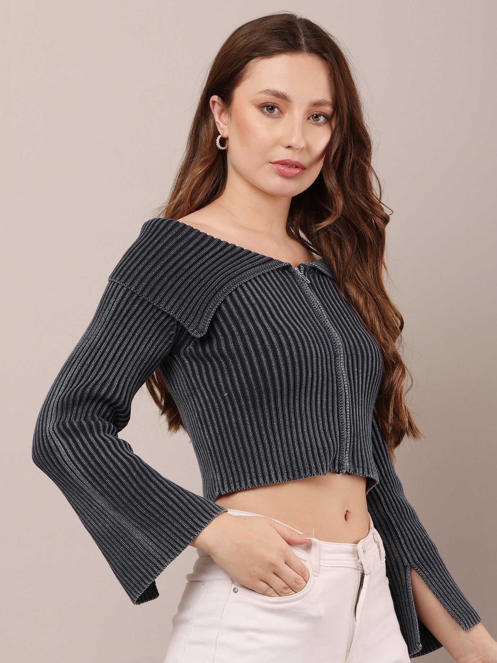 Women Cotton Off-Shoulder Smoke Dark Blue Crop Top